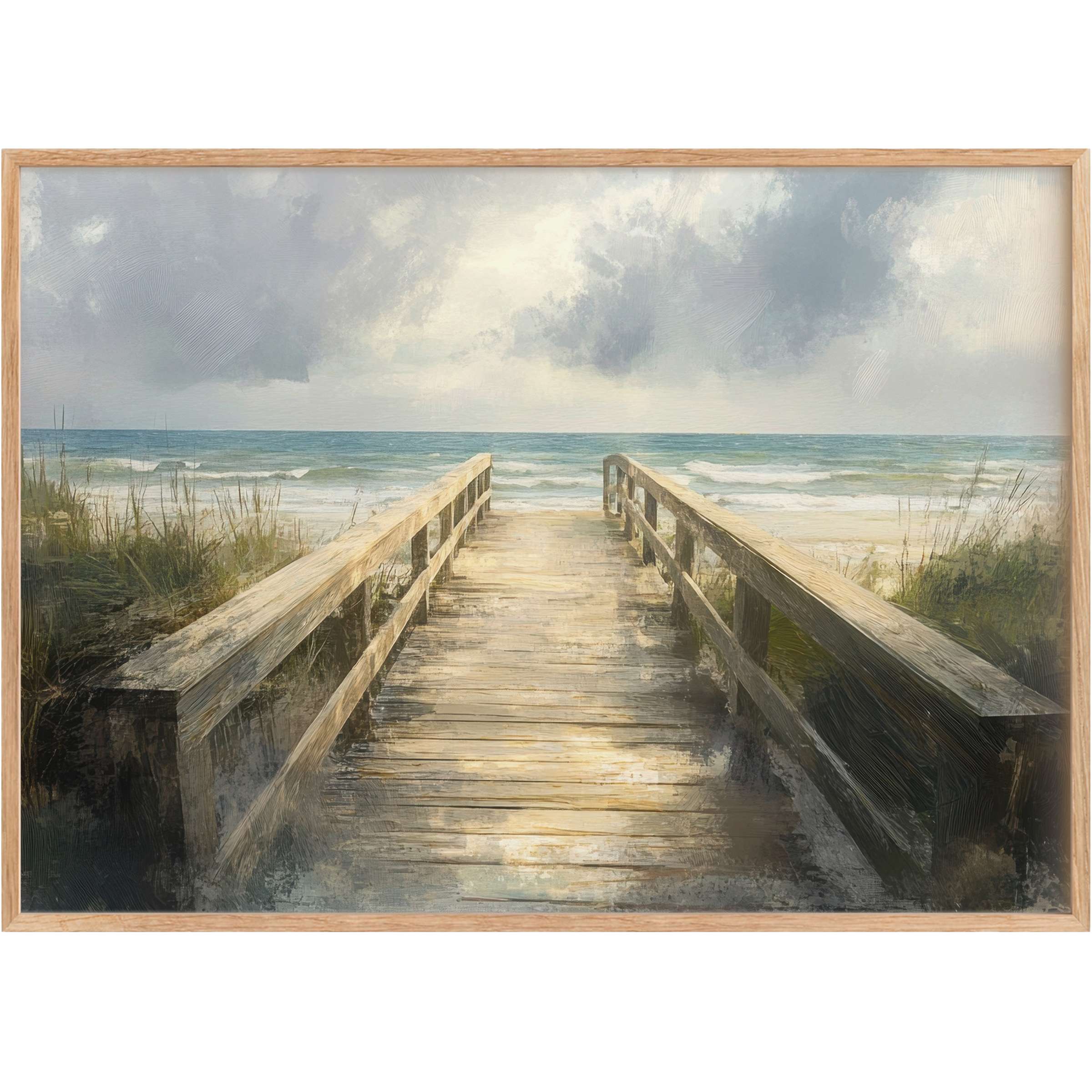 Serene beach printable wall art featuring a weathered boardwalk leading to gentle blue waves under a soft, moody sky, evoking tranquil coastal calm