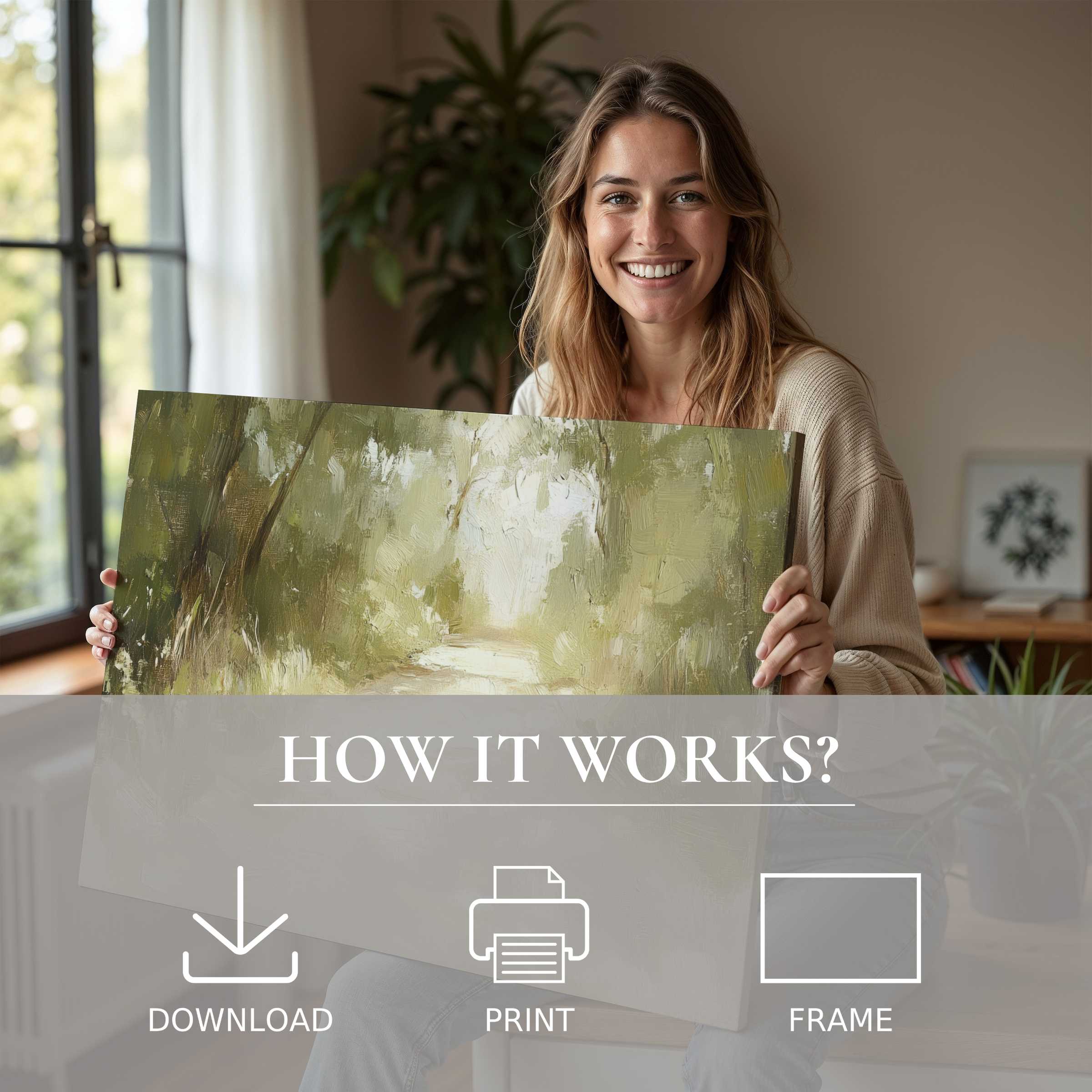 Radiant spring digital art print embraced in a sunlit modern home, capturing serene joy and effortless artistic connection