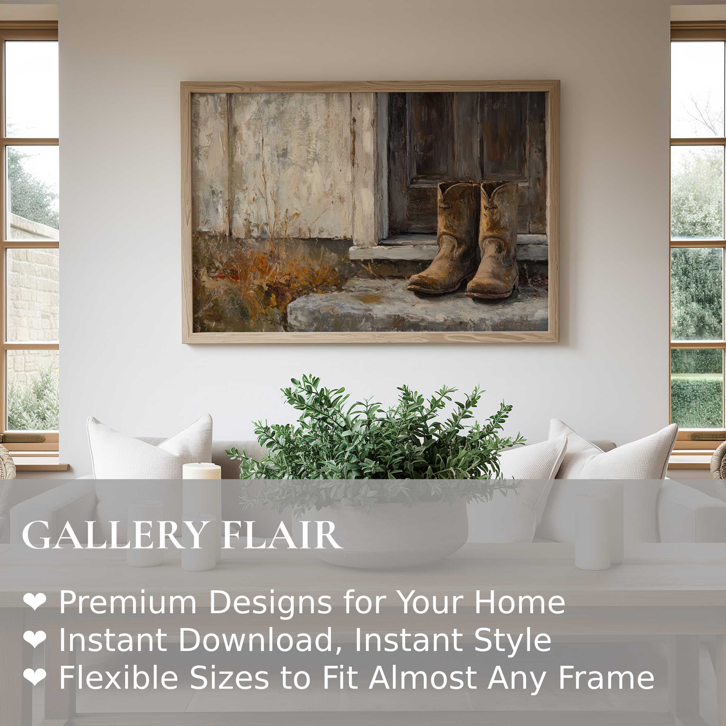 Rustic farmhouse wall art print featuring weathered boots on stone steps, enriching modern farmhouse living rooms with warm, nostalgic charm