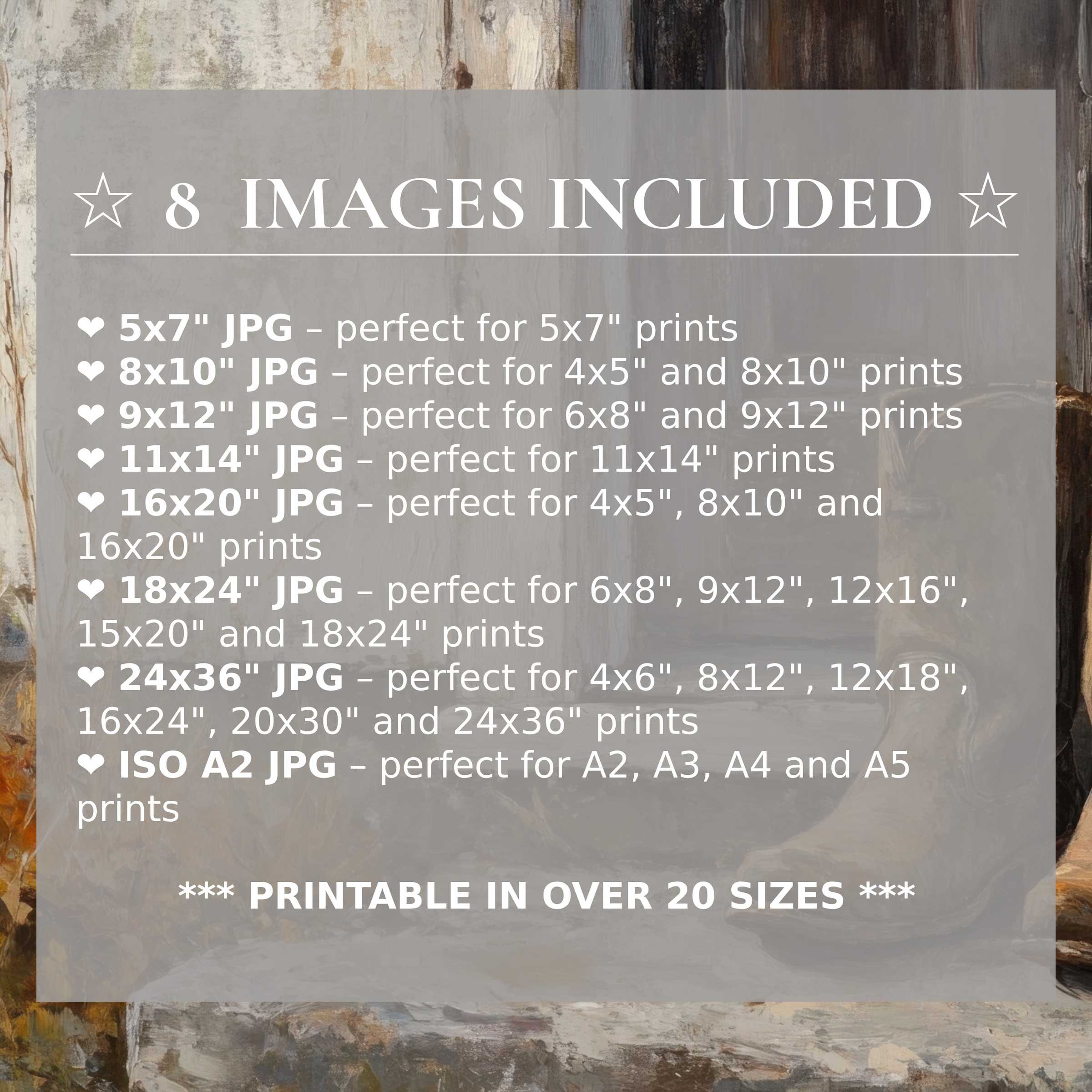 Farmhouse digital print in warm rustic tones, offering radiant charm and calming neutrals in 8 high-quality sizes included