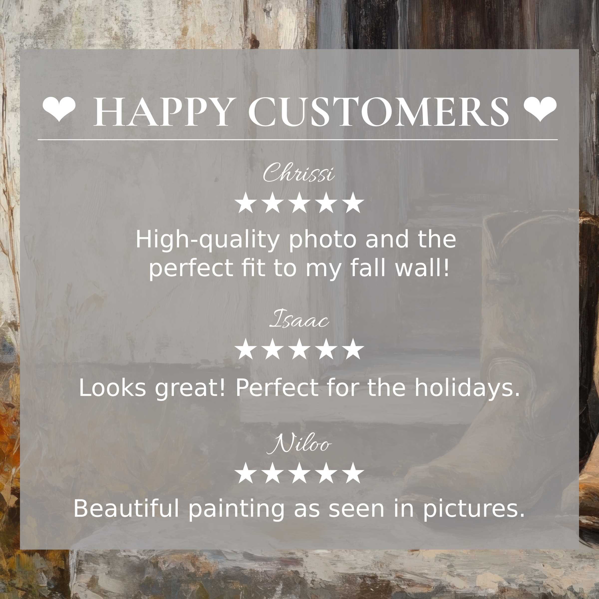 Farmhouse art for Frame TV with abstract sunset tones, showing happy customer reviews for trust and style appeal