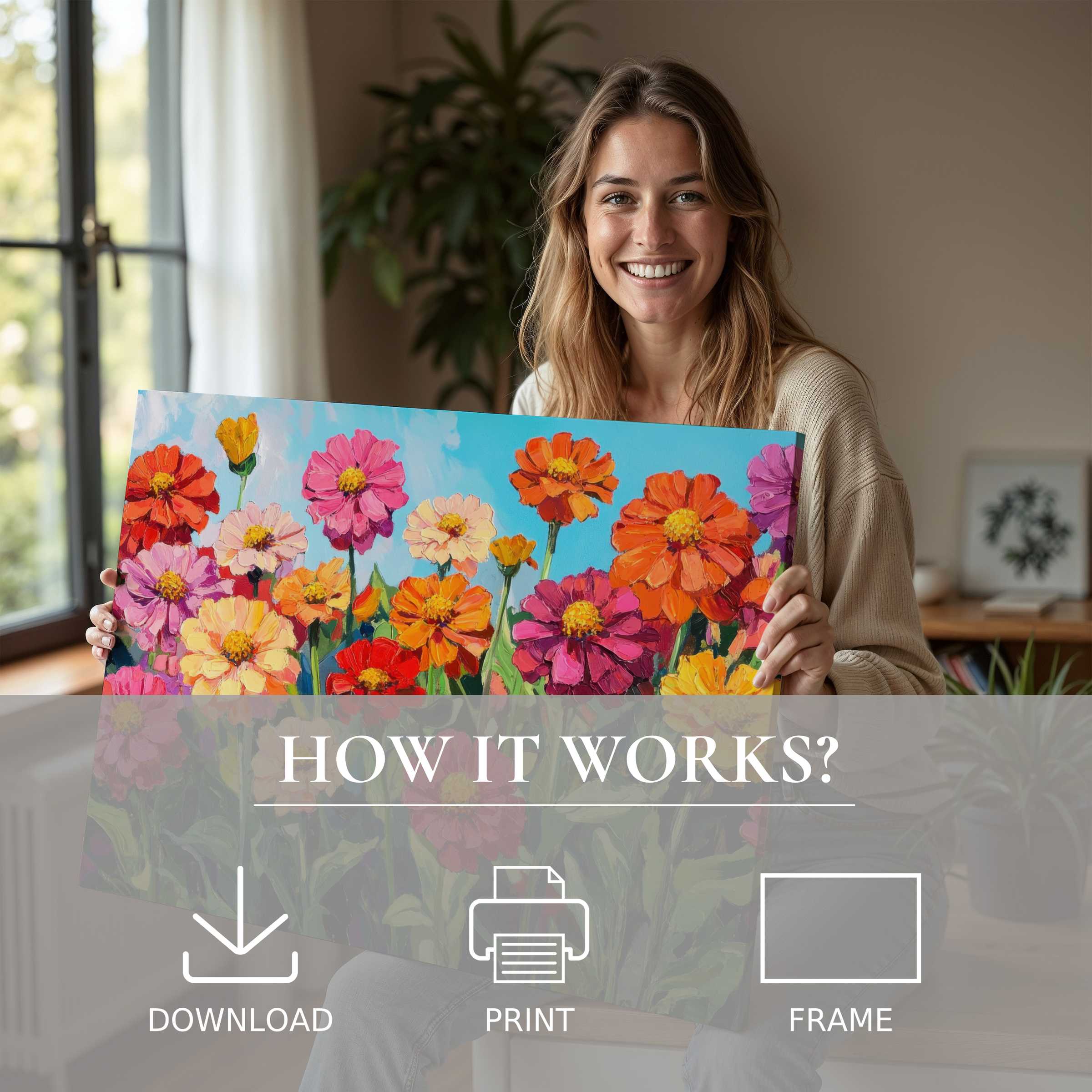Bright floral digital art print radiates warmth and joy as it transforms a modern living space with effortless elegance