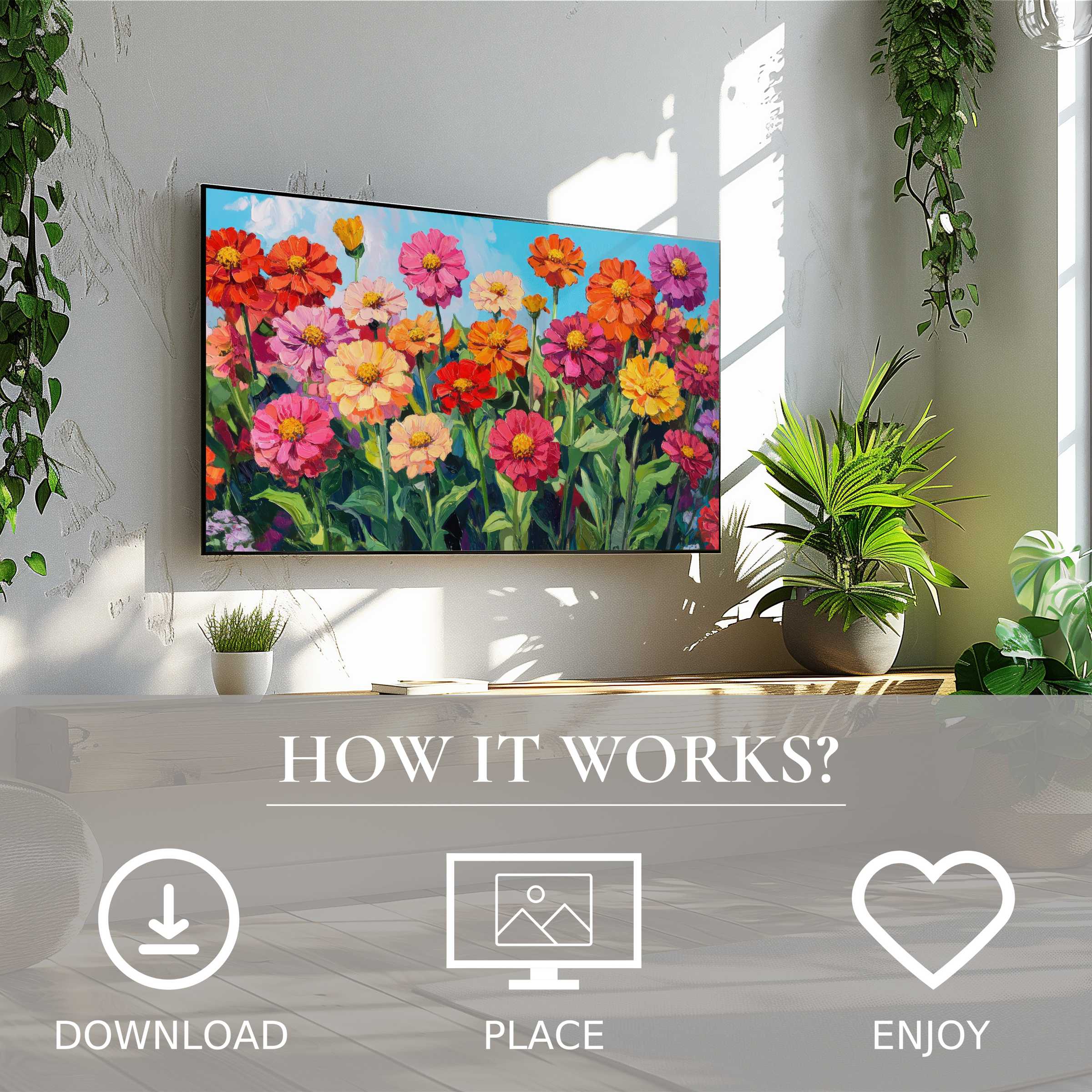 Bright floral art for Samsung TV in a sunlit room, easy digital download, vivid flowers enrich modern decor