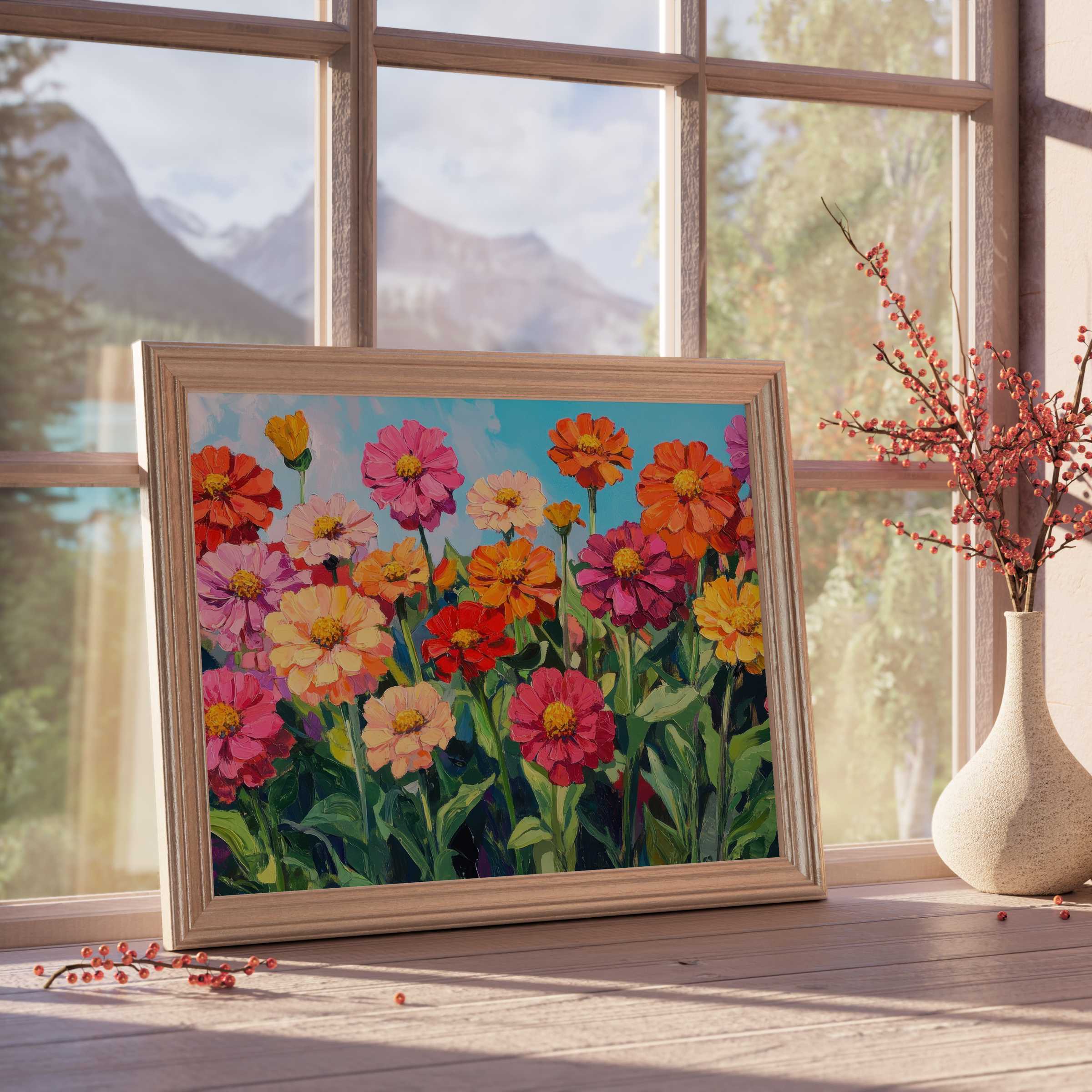 Vibrant floral downloadable art in a natural wood frame radiates warmth and joy, perfect for elevating curated, tranquil living spaces with bold botanical elegance