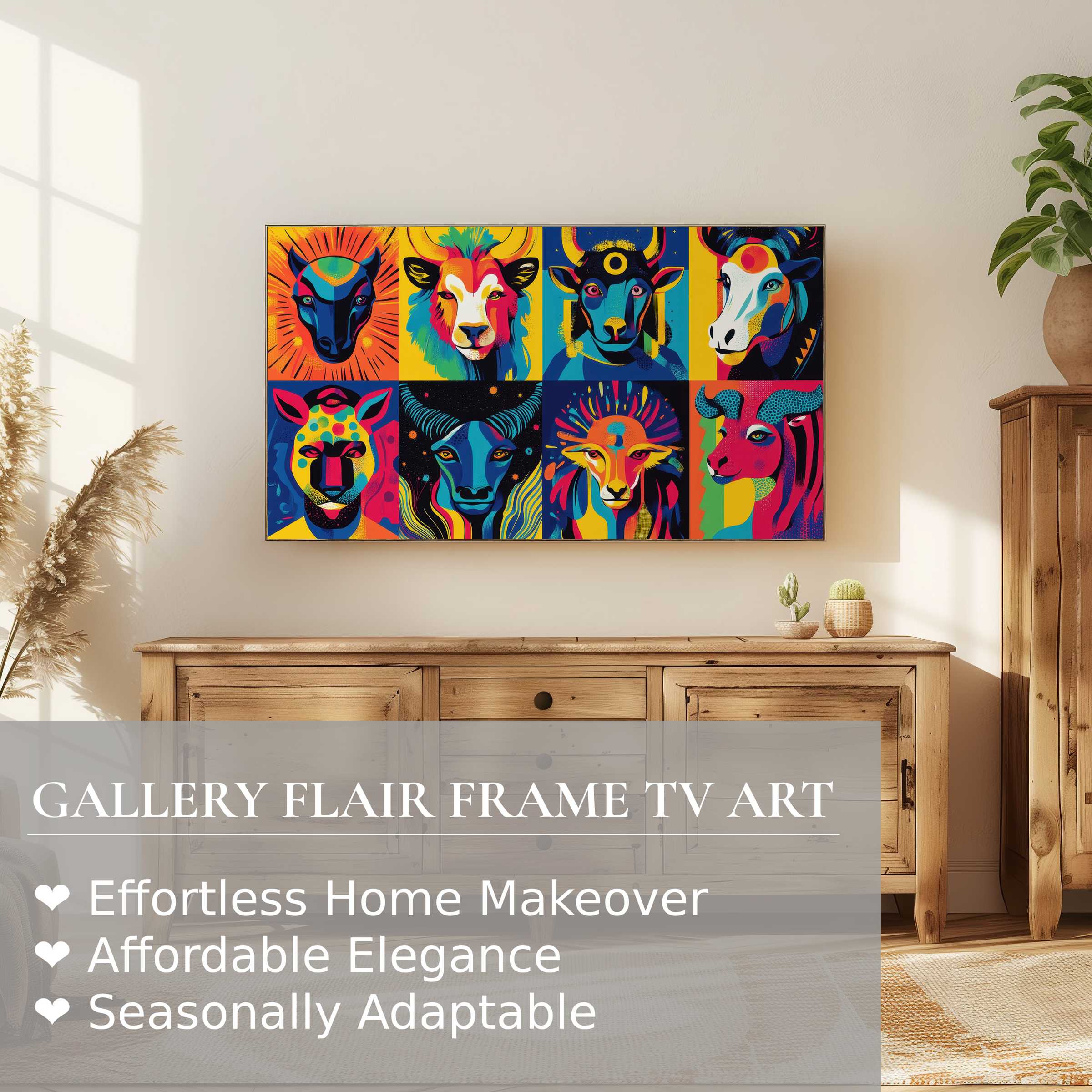 Samsung Frame TV showcases vibrant pop art digital artwork of colorful animal portraits in a chic, sunlit living room