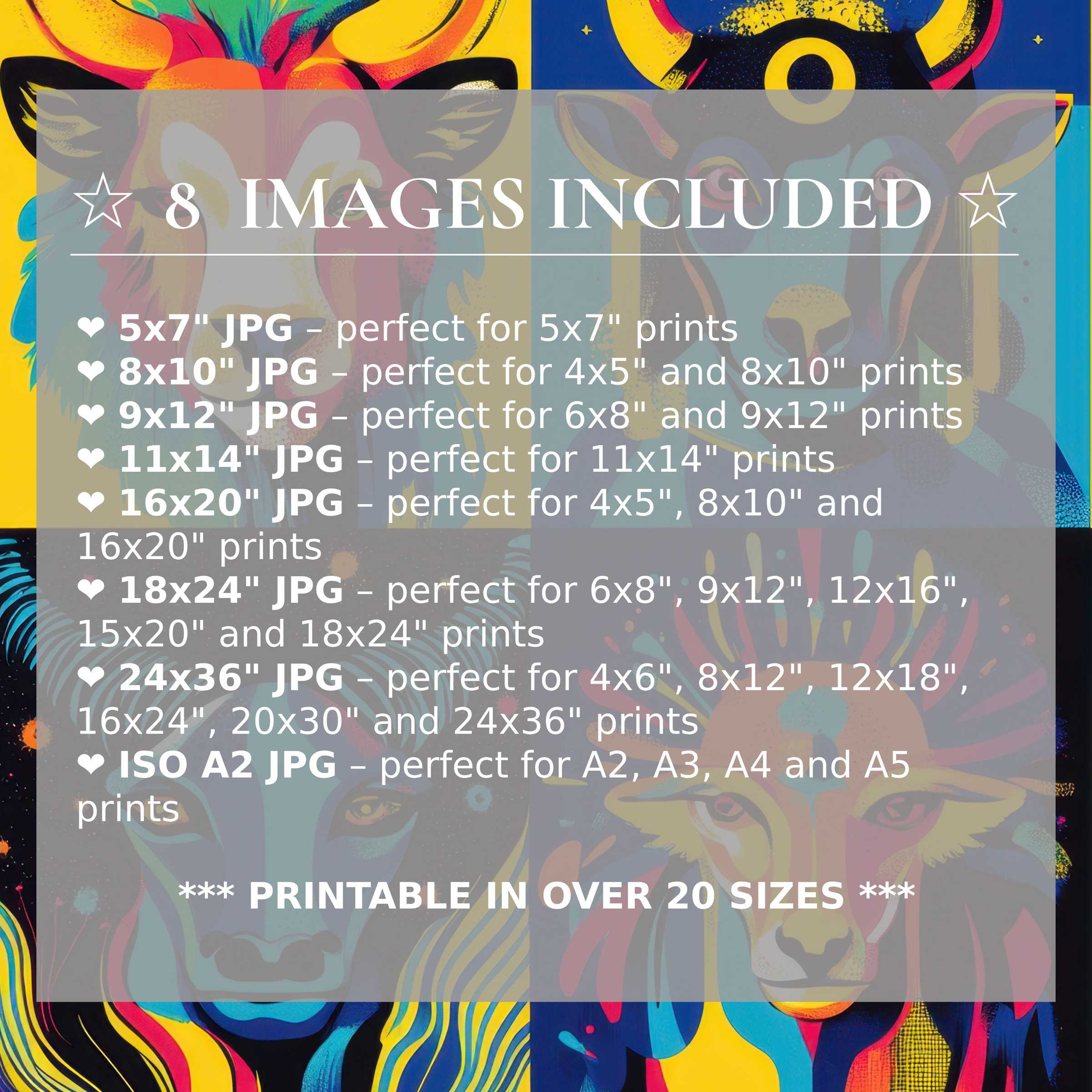 Vibrant pop art digital print in radiant yellows, blues, and reds, included in 8 high-quality sizes to elevate modern interiors with bold style and versatile design