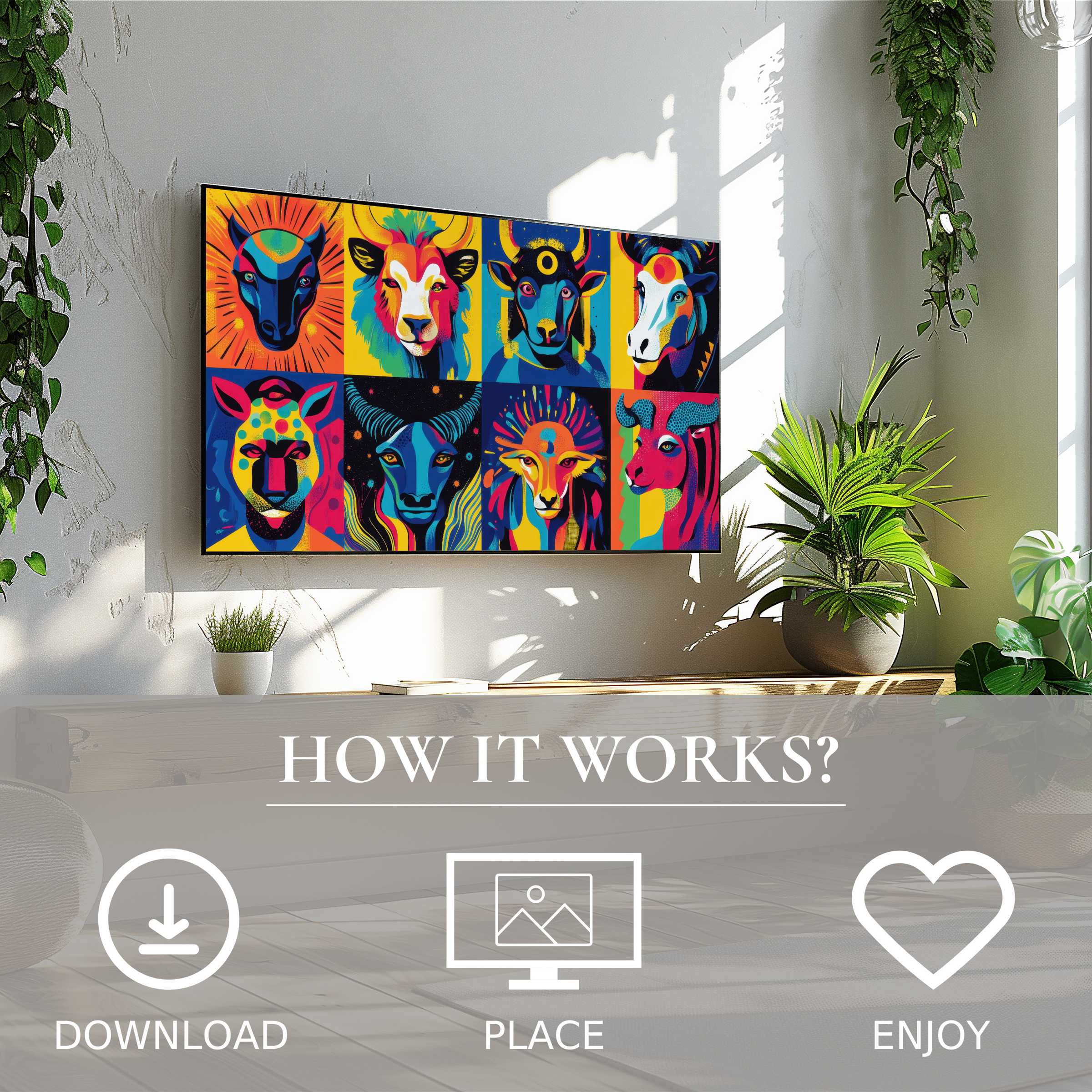 Pop art art for Samsung TV with vibrant animal motifs, easy digital download enriches modern living spaces instantly