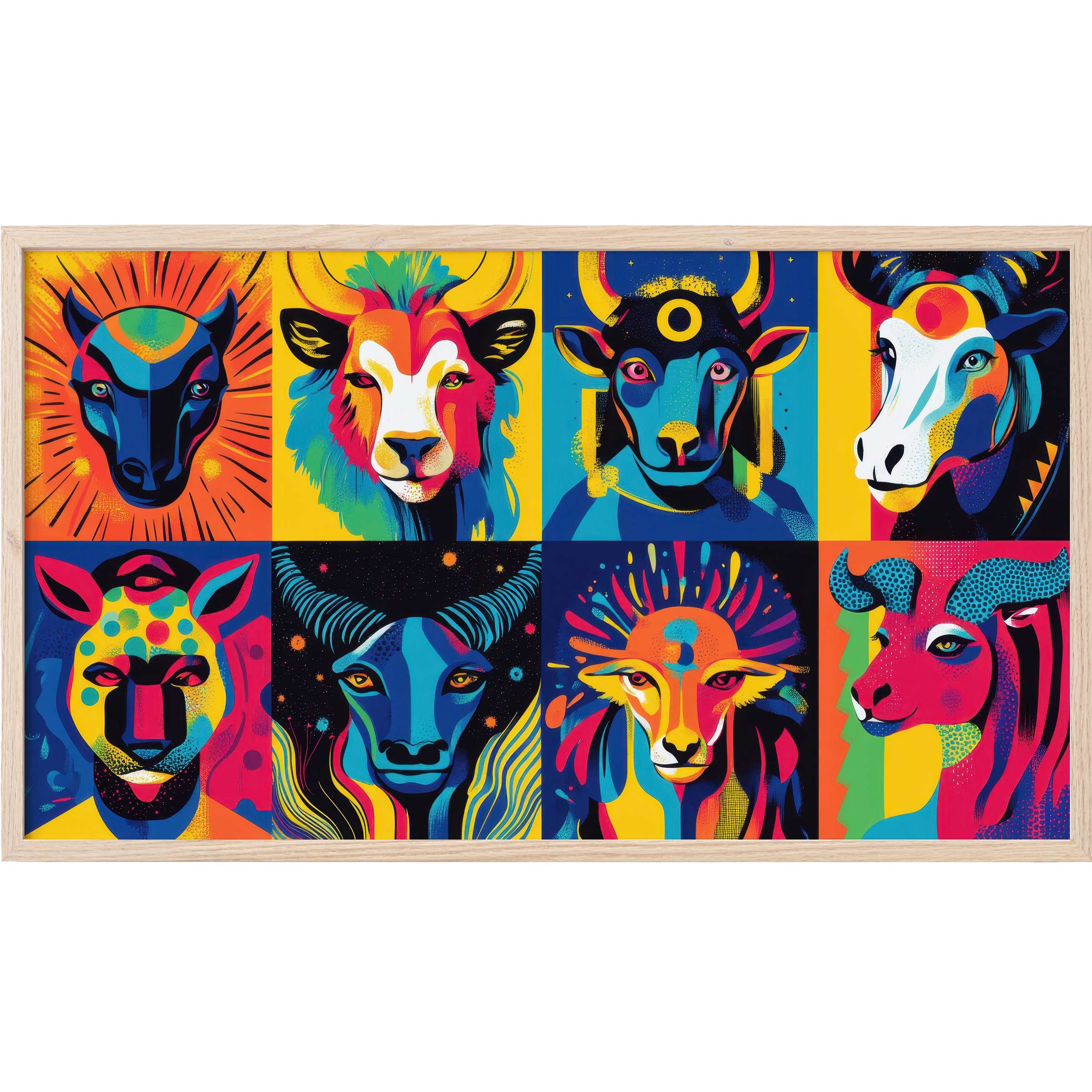 Vibrant animal portraits in bold blues, yellows, and reds with dynamic shapes, perfect pop art Frame TV Art