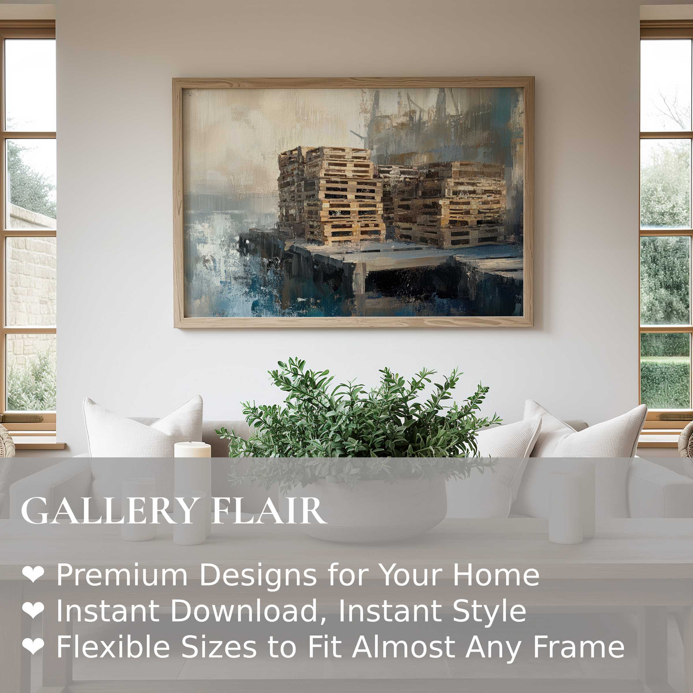 Coastal wall art print features textured docks and pallets in soft blues and neutrals, enriching a modern, airy living space
