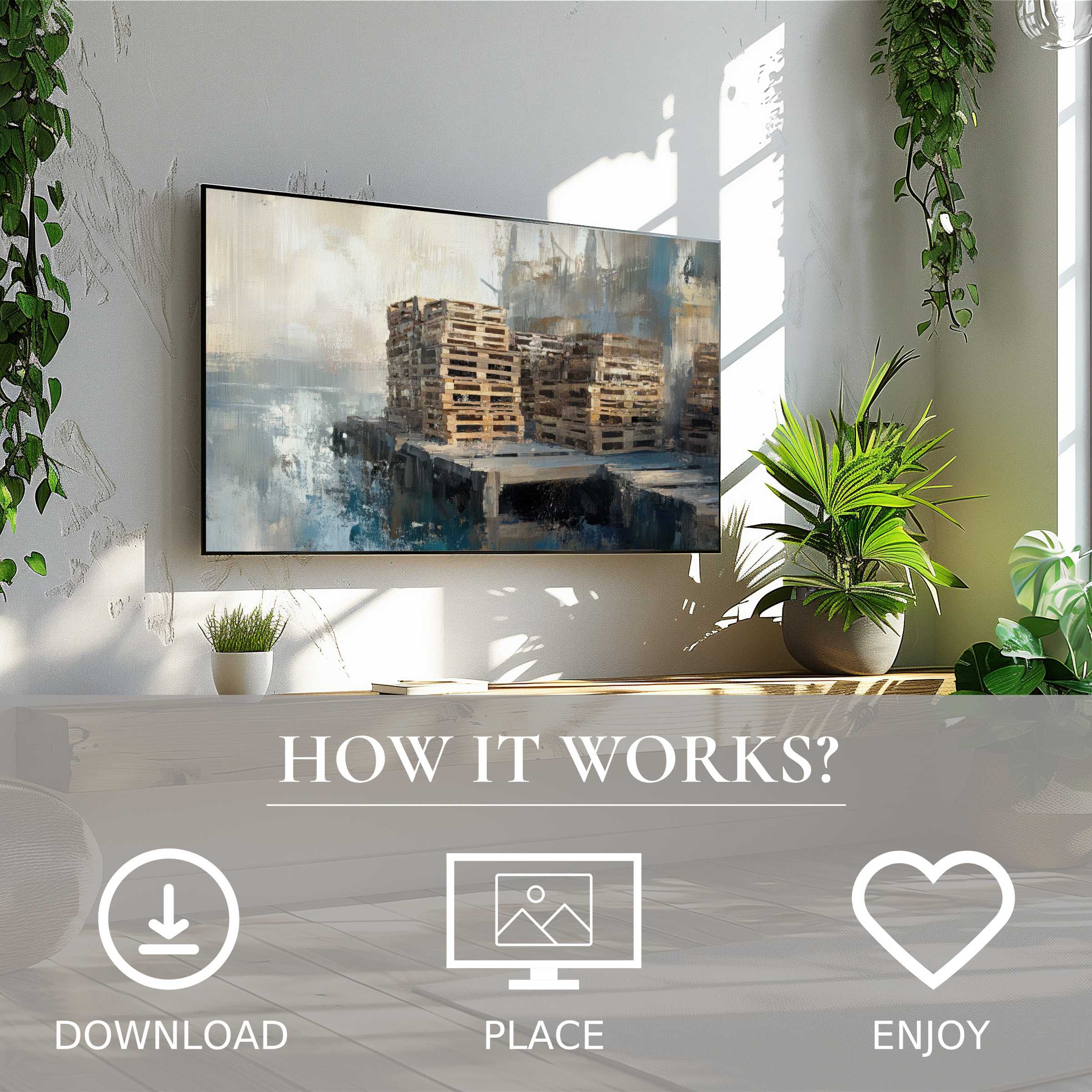 Coastal art for Samsung TV shows muted dock pallets in soft blue-gray tones, easy digital download enhancing modern spaces