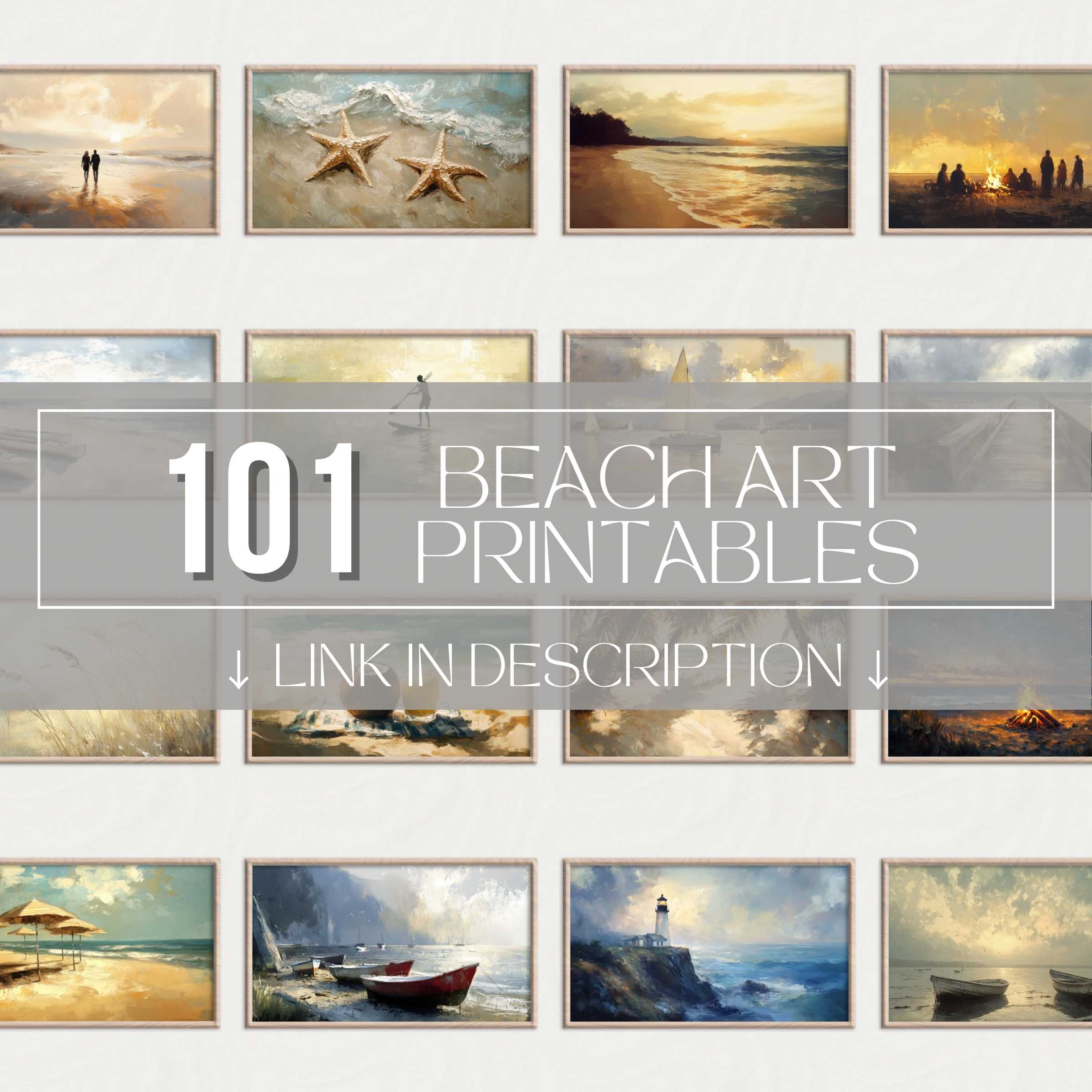 Beach printable wall art set featuring serene coastal scenes and warm sunset tones for an elegant, tranquil gallery wall