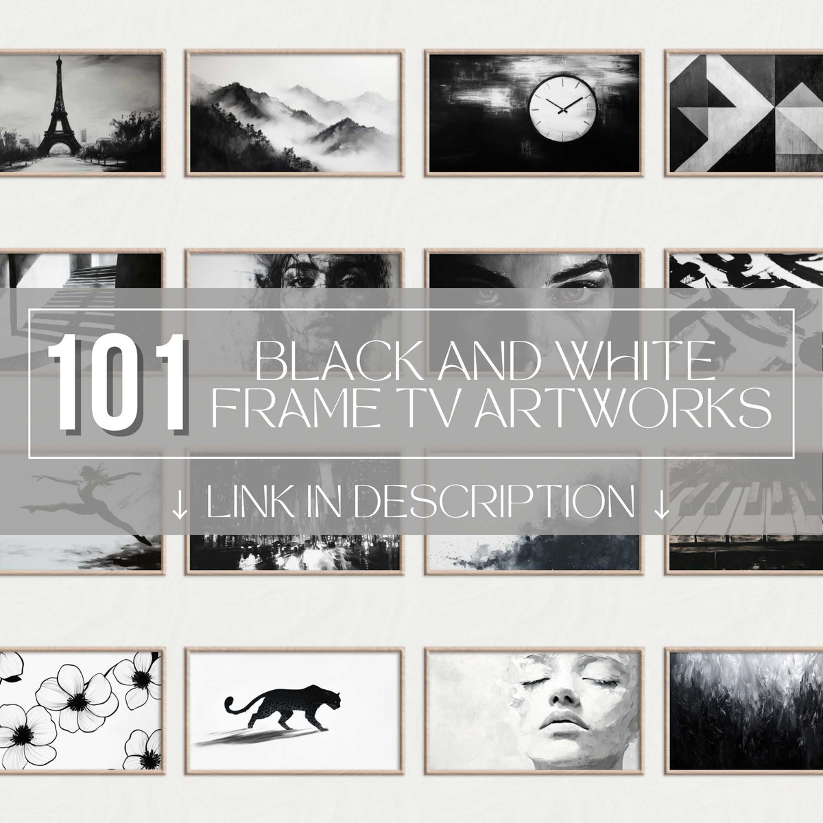 Elegant black and white Frame TV art set showcasing diverse modern digital artworks for stylish, high-quality home decor