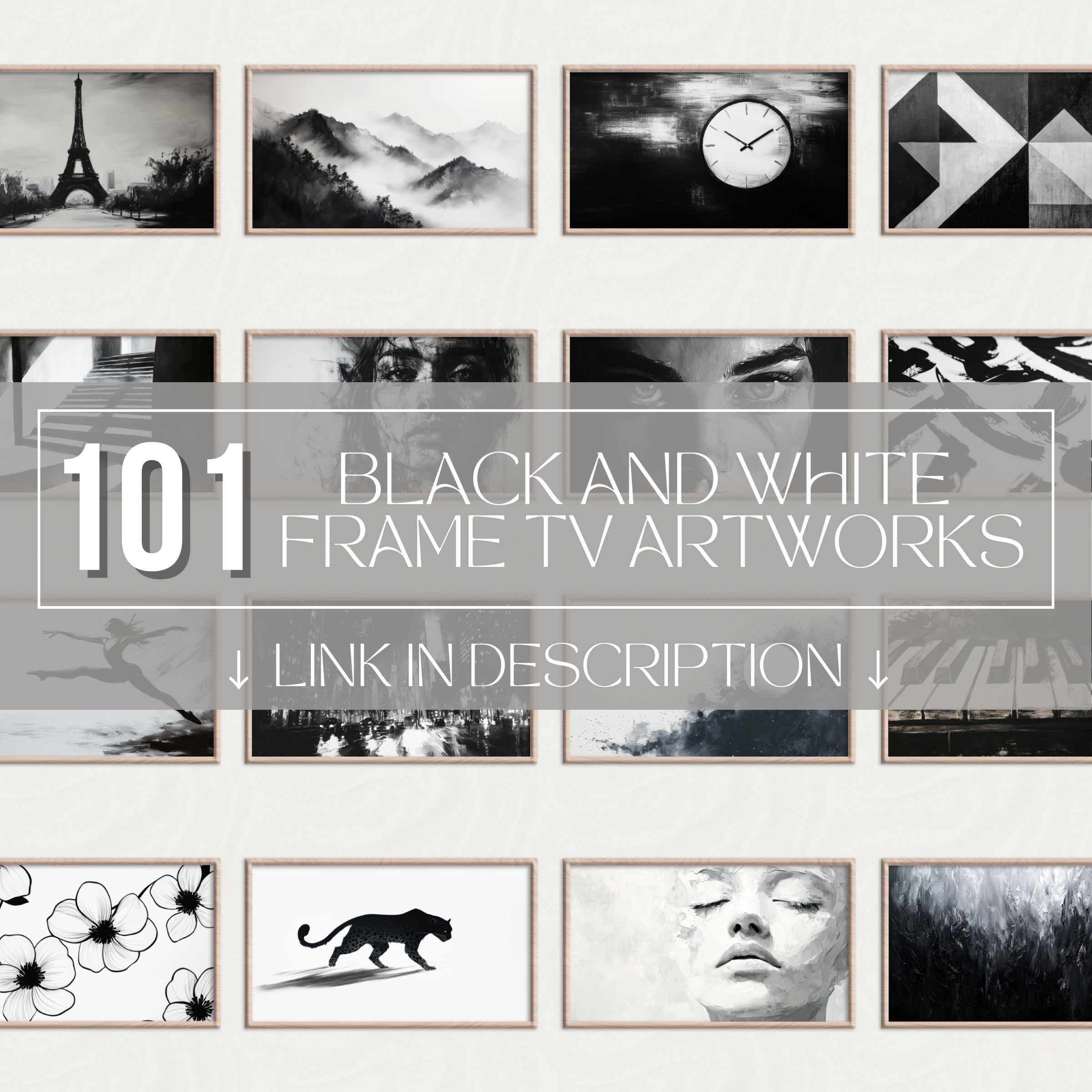 Elegant black and white Frame TV art set showcasing diverse modern artworks for refined, stylish home decor displays