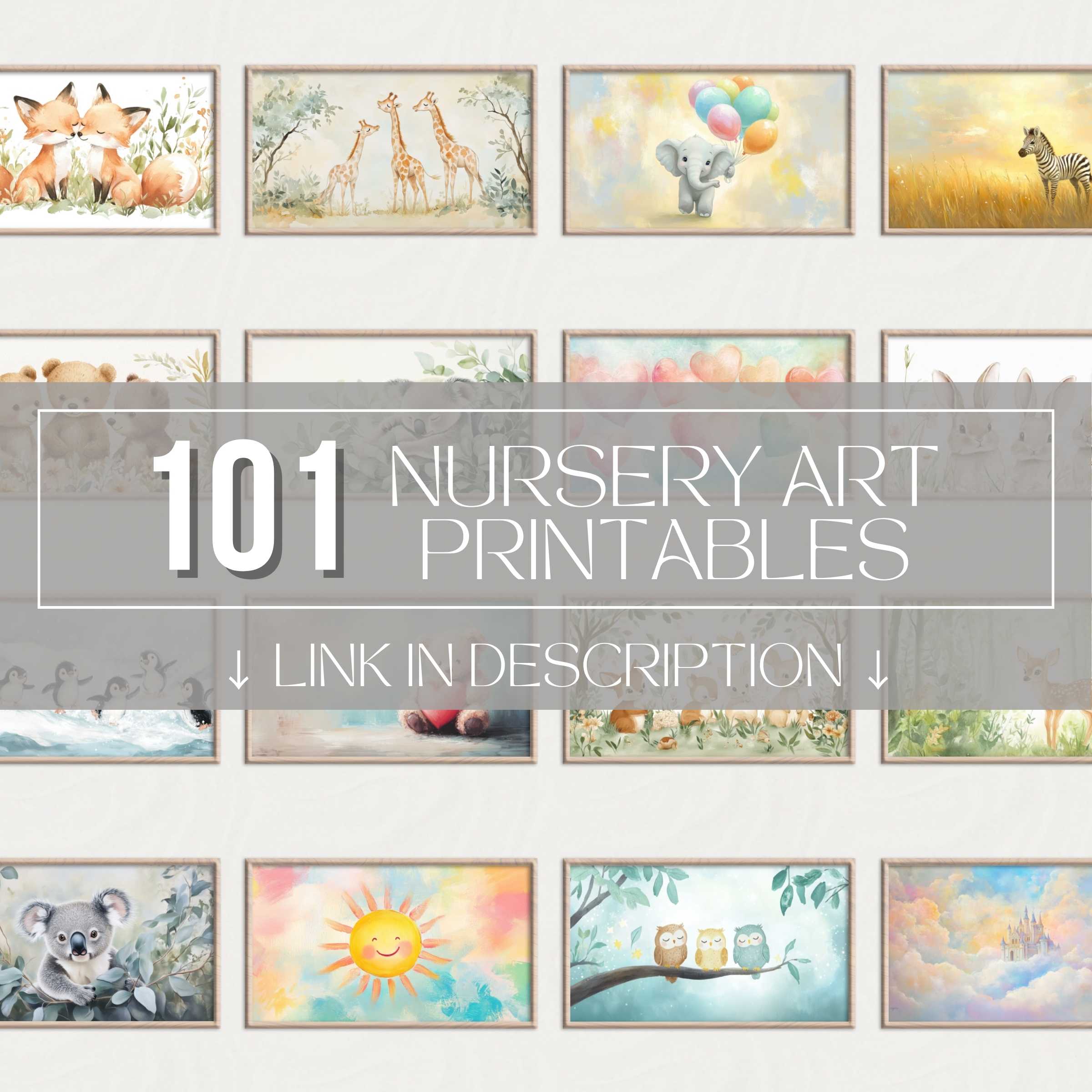 Elegant nursery printable wall art set featuring whimsical animals, soft pastels, and serene nature scenes for a dreamy gallery wall