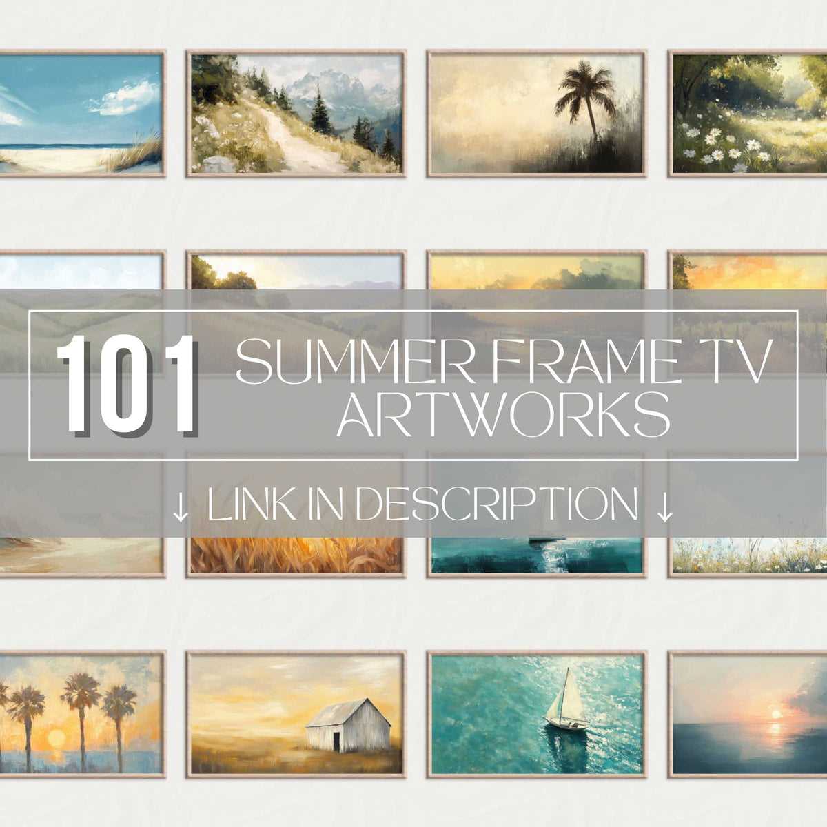 Elegant summer Frame TV art set showcasing diverse, high-quality digital landscapes in a sleek, modern layout