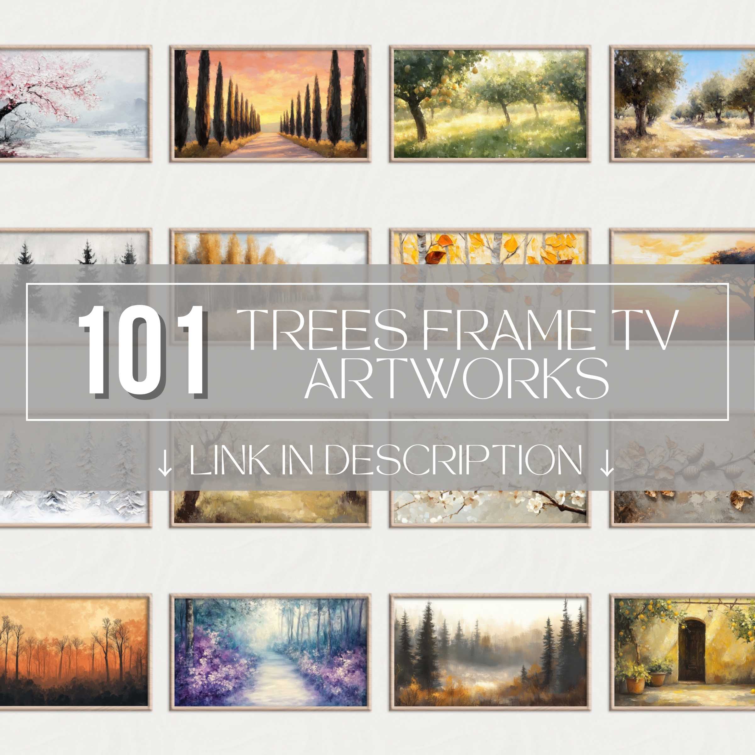 Elegant tree Frame TV art set showcasing diverse, high-quality digital landscapes in a sleek, modern gallery style