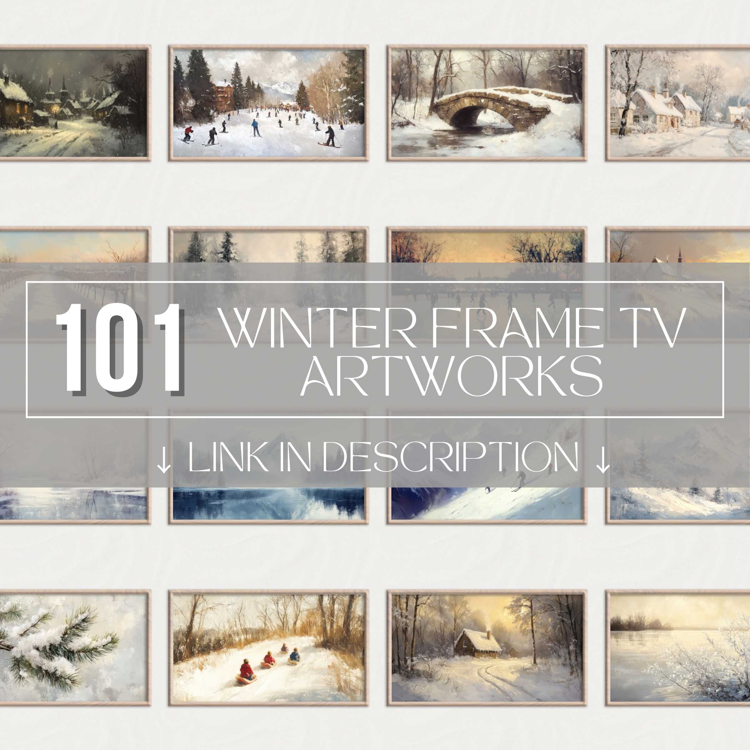 Elegant winter Frame TV art set featuring diverse, high-quality digital landscapes in a sleek, modern style