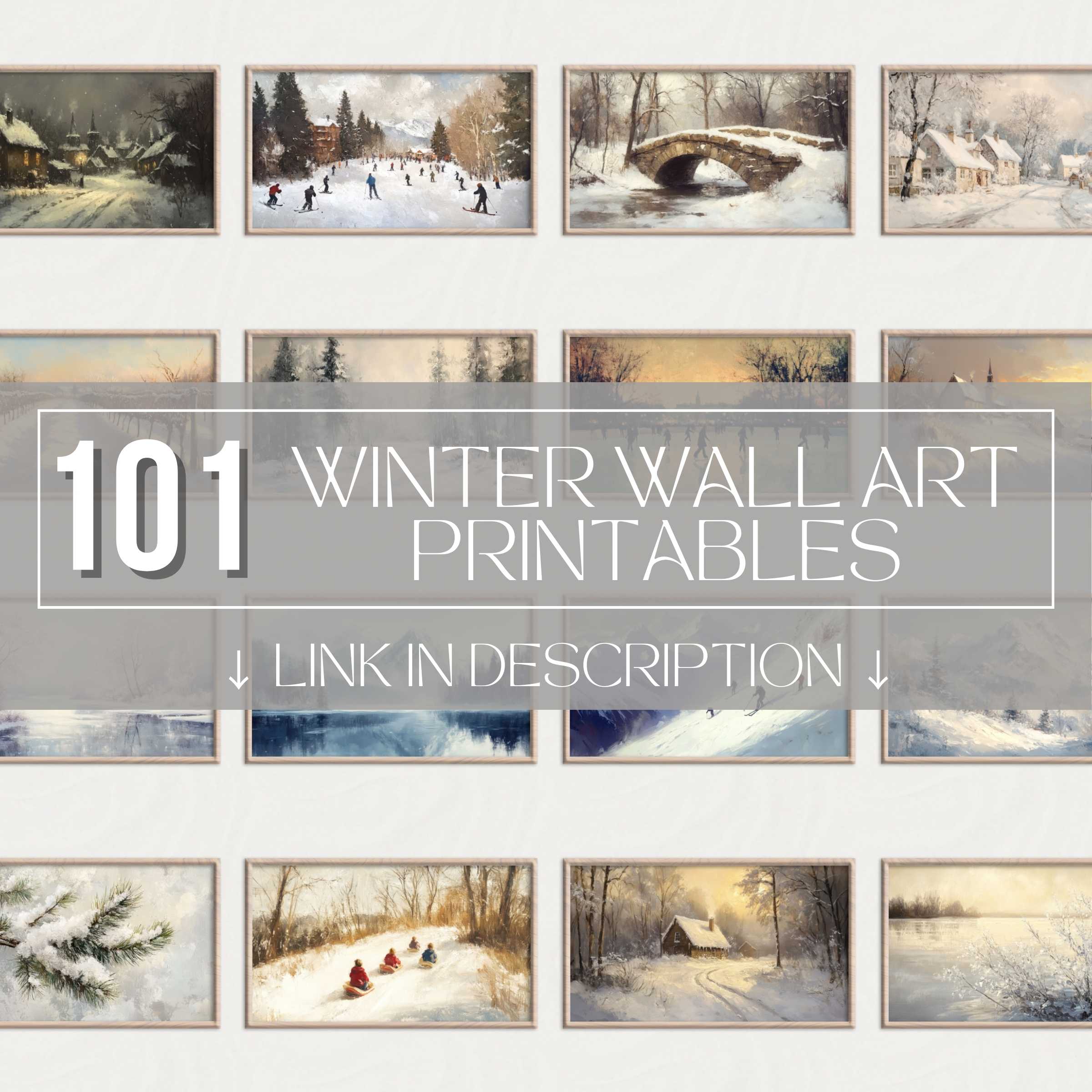Elegant winter printable wall art set featuring serene snowy landscapes, rustic cottages, and timeless frosted scenes for a cohesive gallery