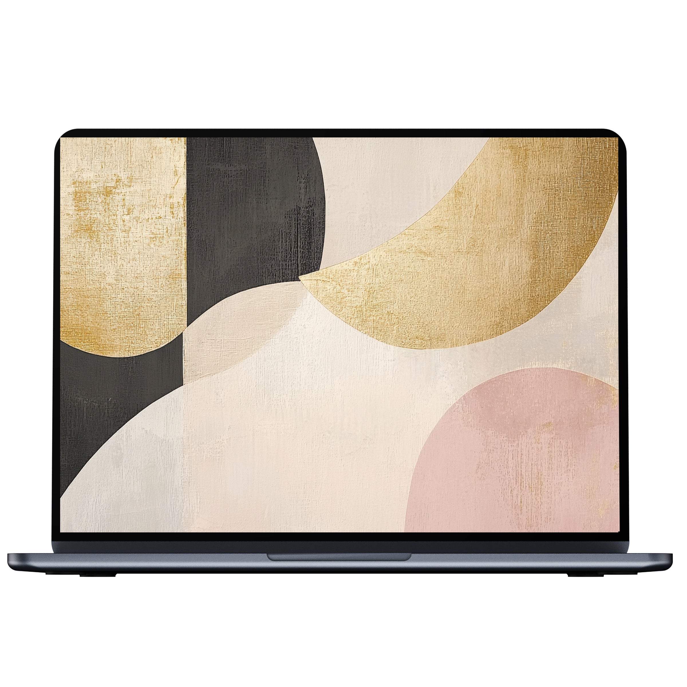 Elegant abstract desktop wallpaper featuring gold, beige, and black geometric shapes for PC and laptop digital download for calm inspiration