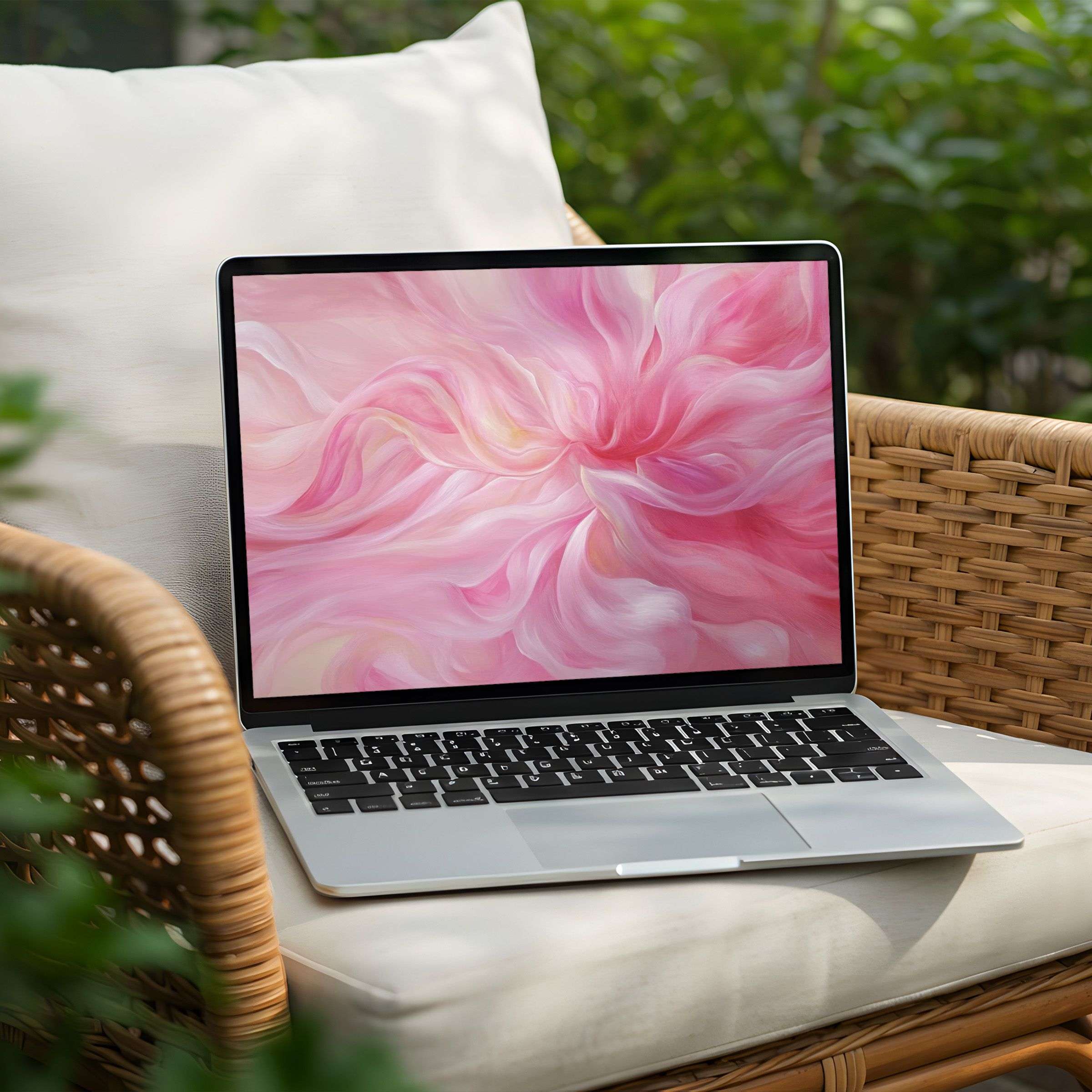 Pink abstract swirl desktop background on laptop offers instant download for PC and Laptop inspiring calm elegance and mindfulness