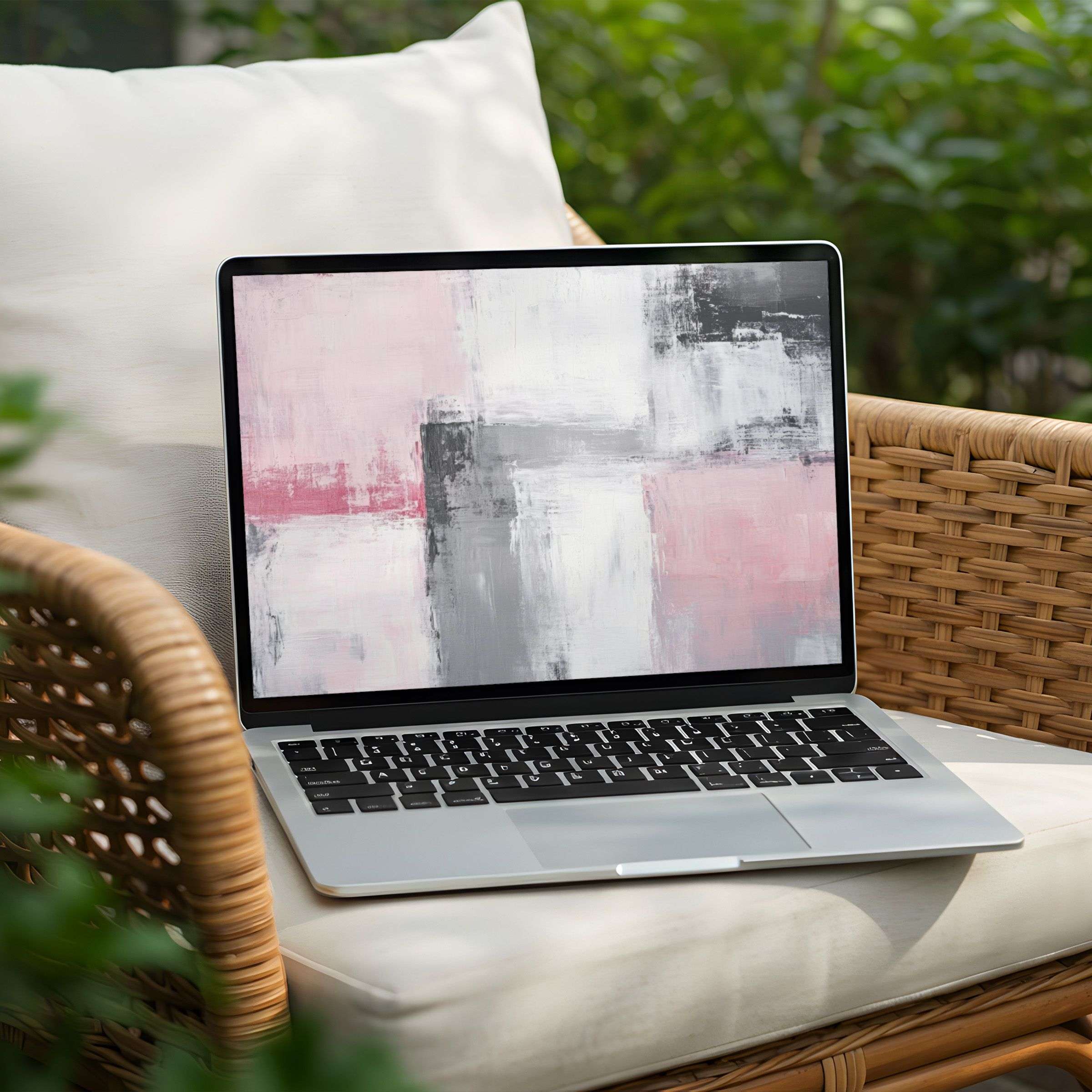 Elegant abstract desktop background for PC or Laptop featuring soft pink and gray hues, offering instant download for mindful inspiration