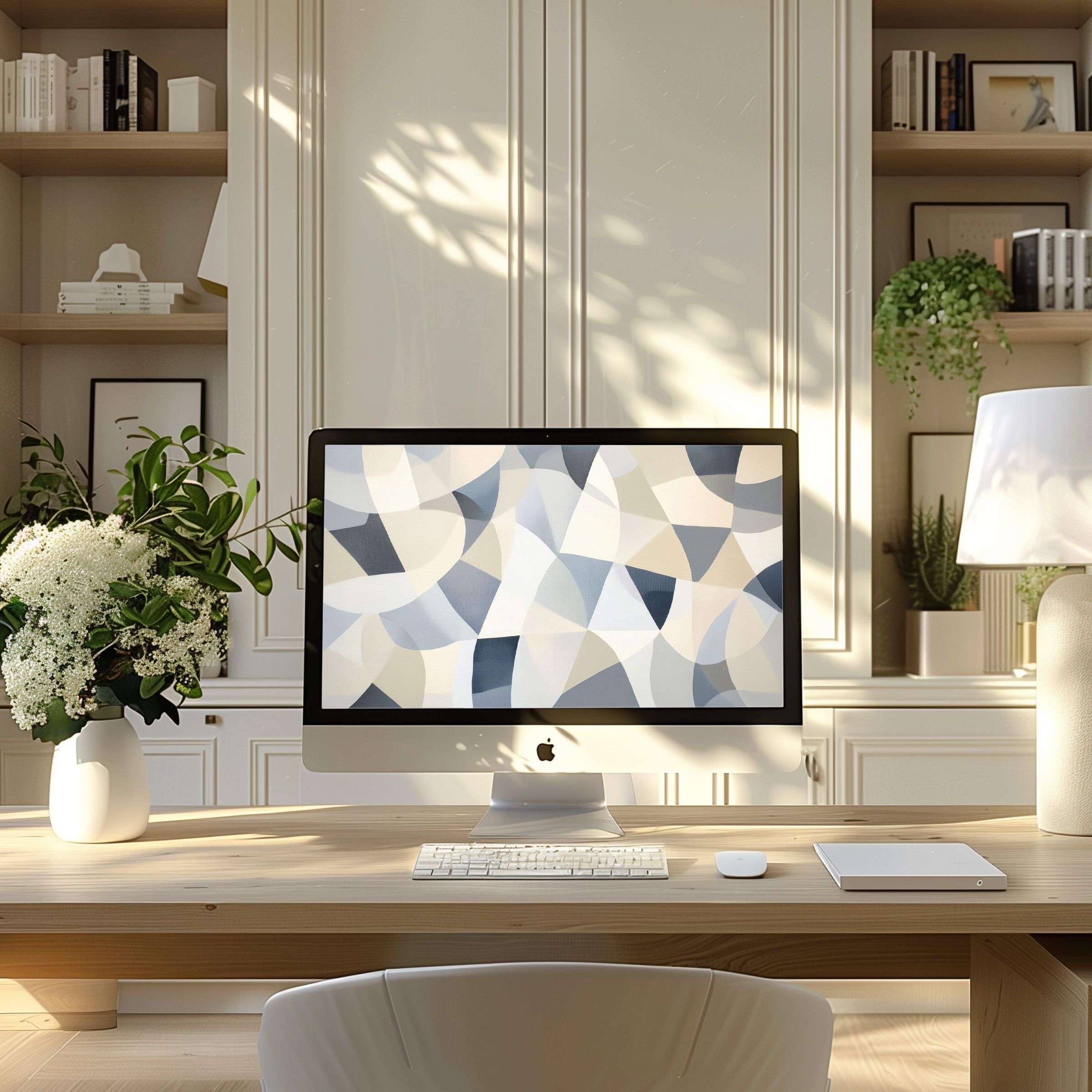 Modern abstract design in soft neutrals creates a calming wallpaper for computer, enhancing PC and Laptop setups in serene offices