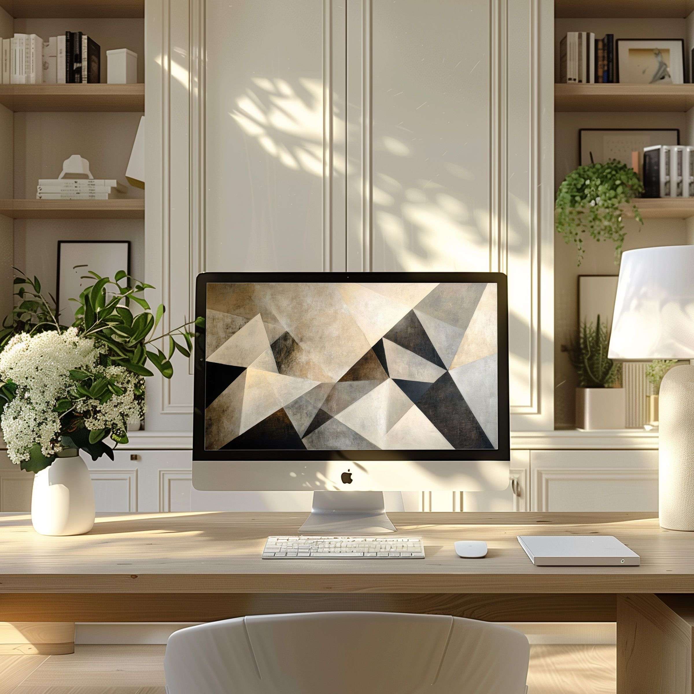 Elegant geometric digital artwork as wallpaper for computer creates calm ambiance in modern home office for PC and laptop users