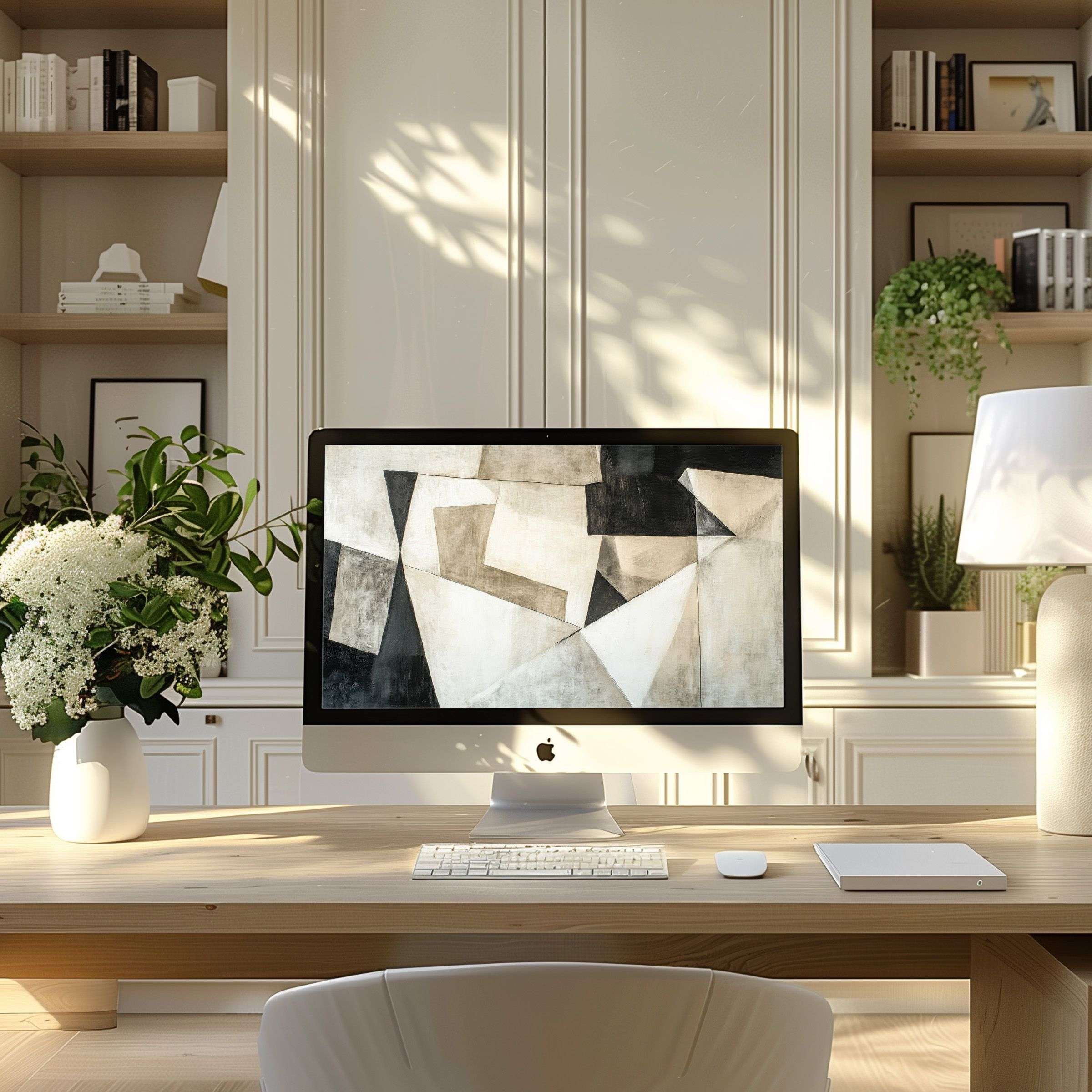 Elegant geometric art wallpaper for computer on modern home office PC or laptop desk inspires calm and aesthetic appeal