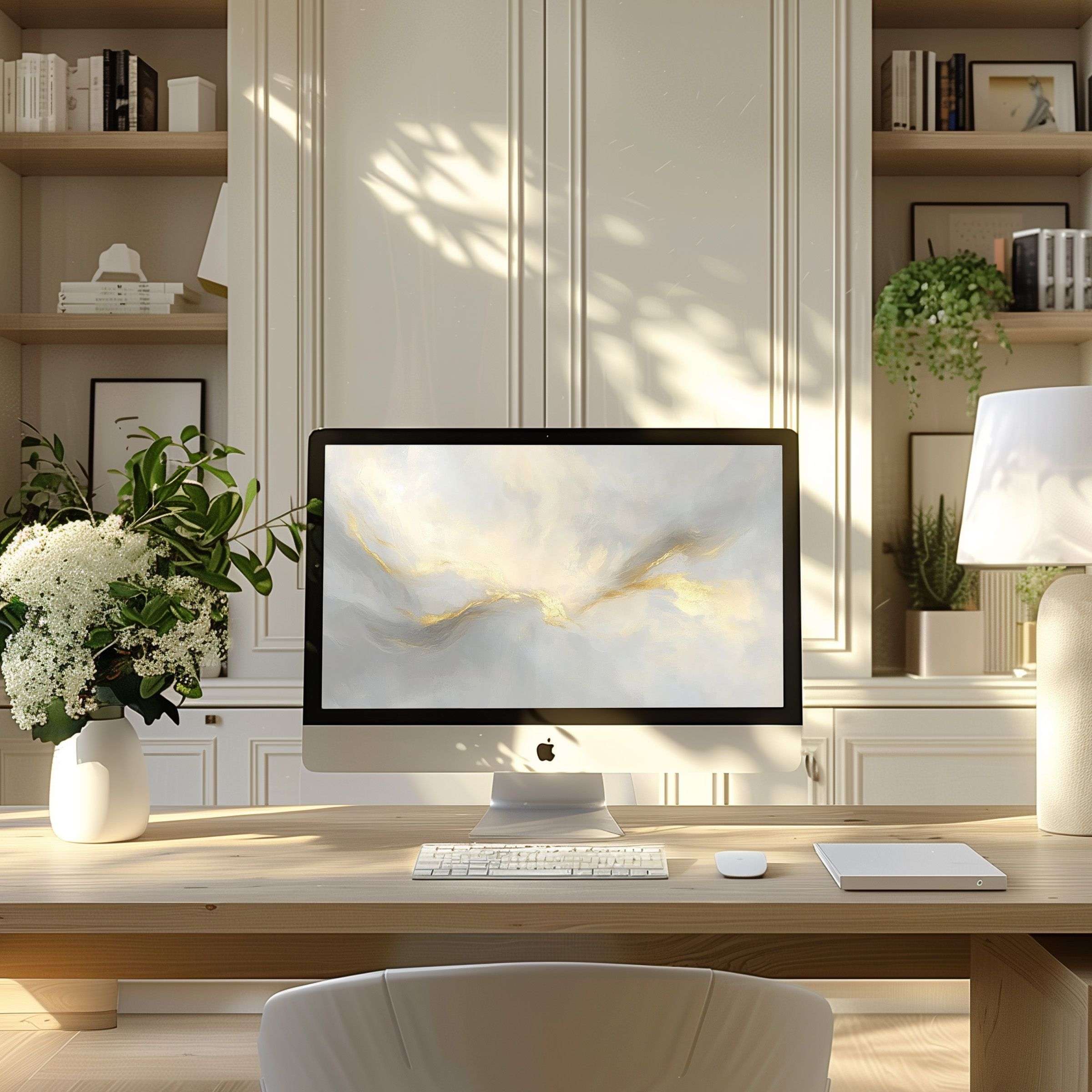 Elegant digital art wallpaper for computer brings calm inspiration, perfect for PC or laptop in a serene modern home office setting