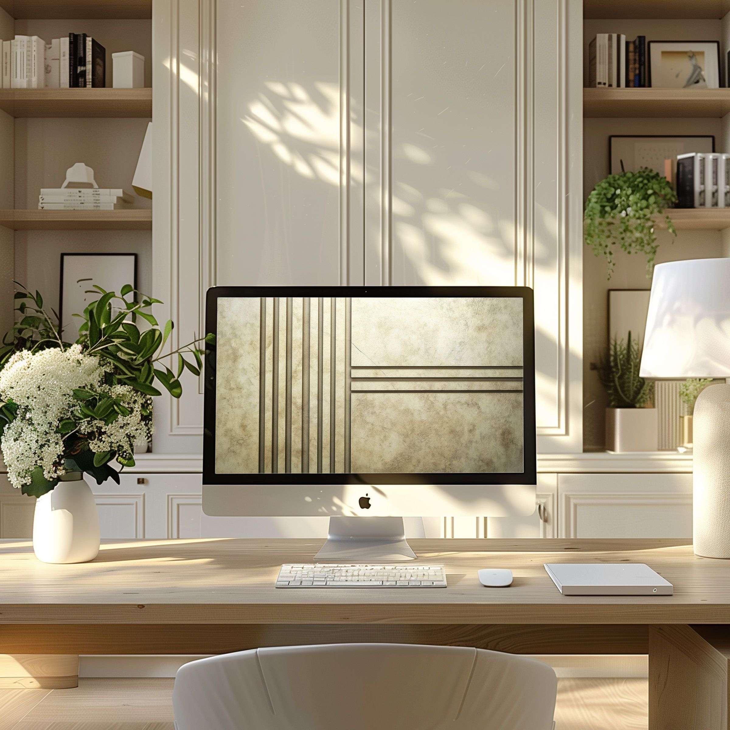 Sleek modern wallpaper for computer, PC, and laptop featuring abstract lines in a serene home office setting promotes calm elegance