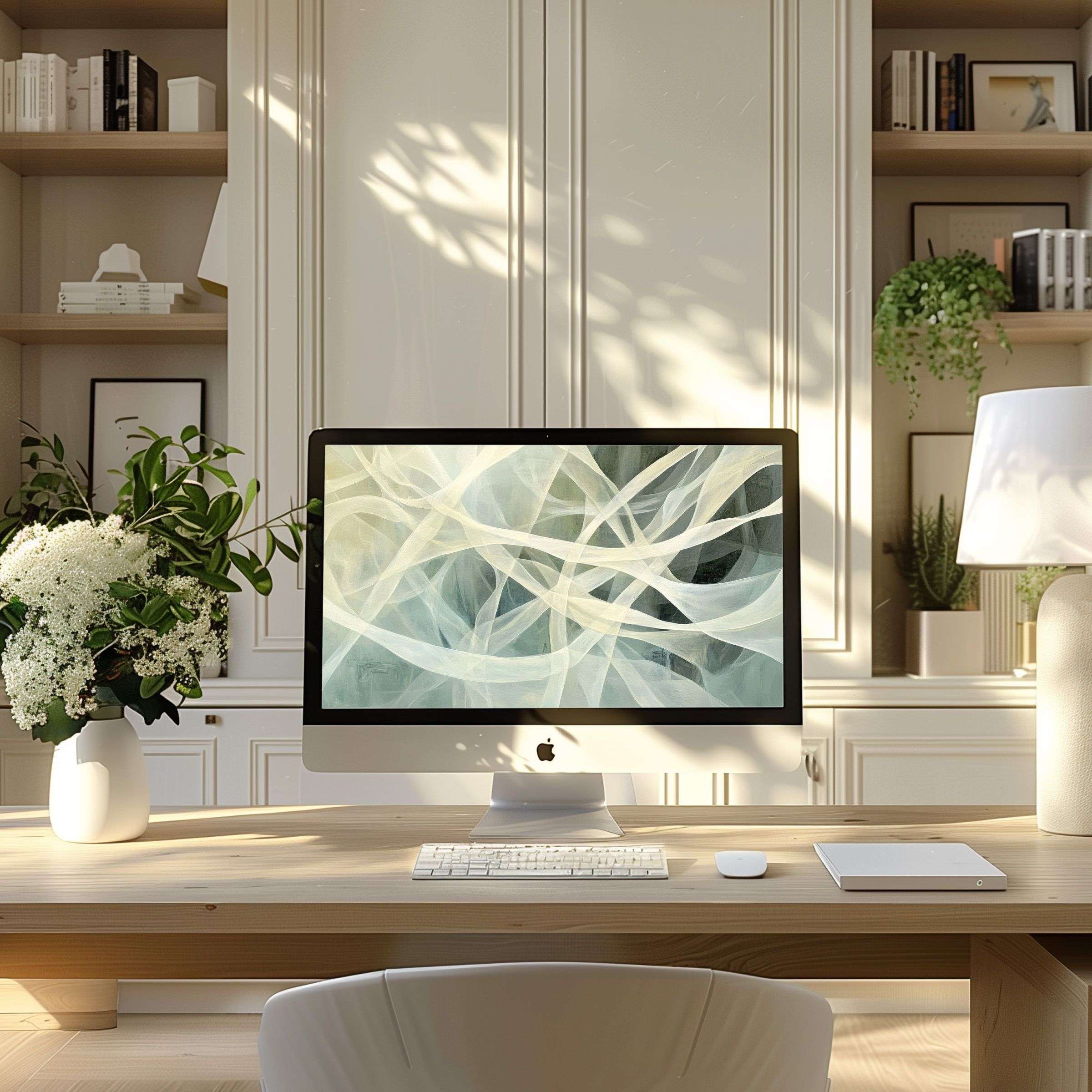 Elegant abstract art wallpaper for computer adds calm and inspiration to a modern home office, perfect for PC or laptop