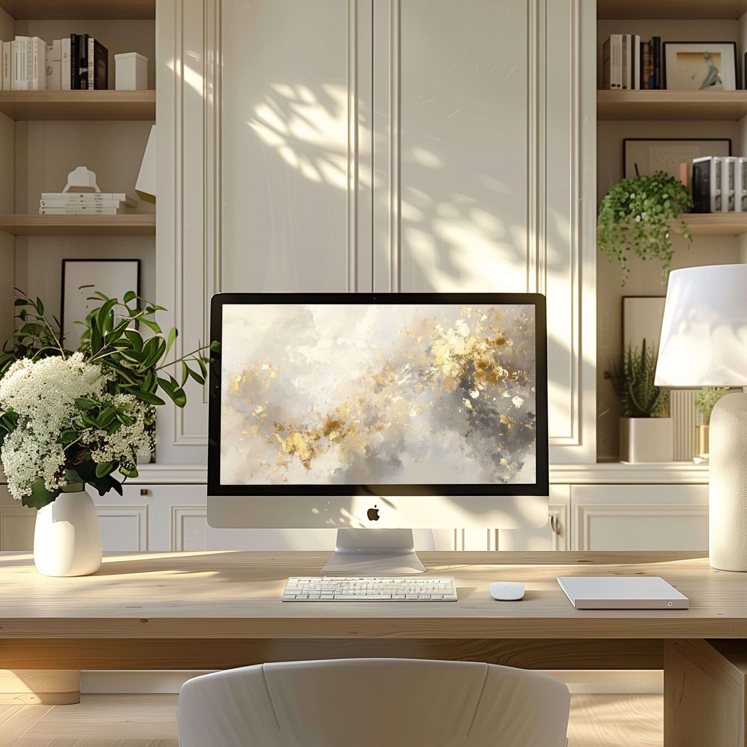 Elegant abstract gold and grey wallpaper for computer enhances a modern home office with calm, fitting PC, laptop, digital download