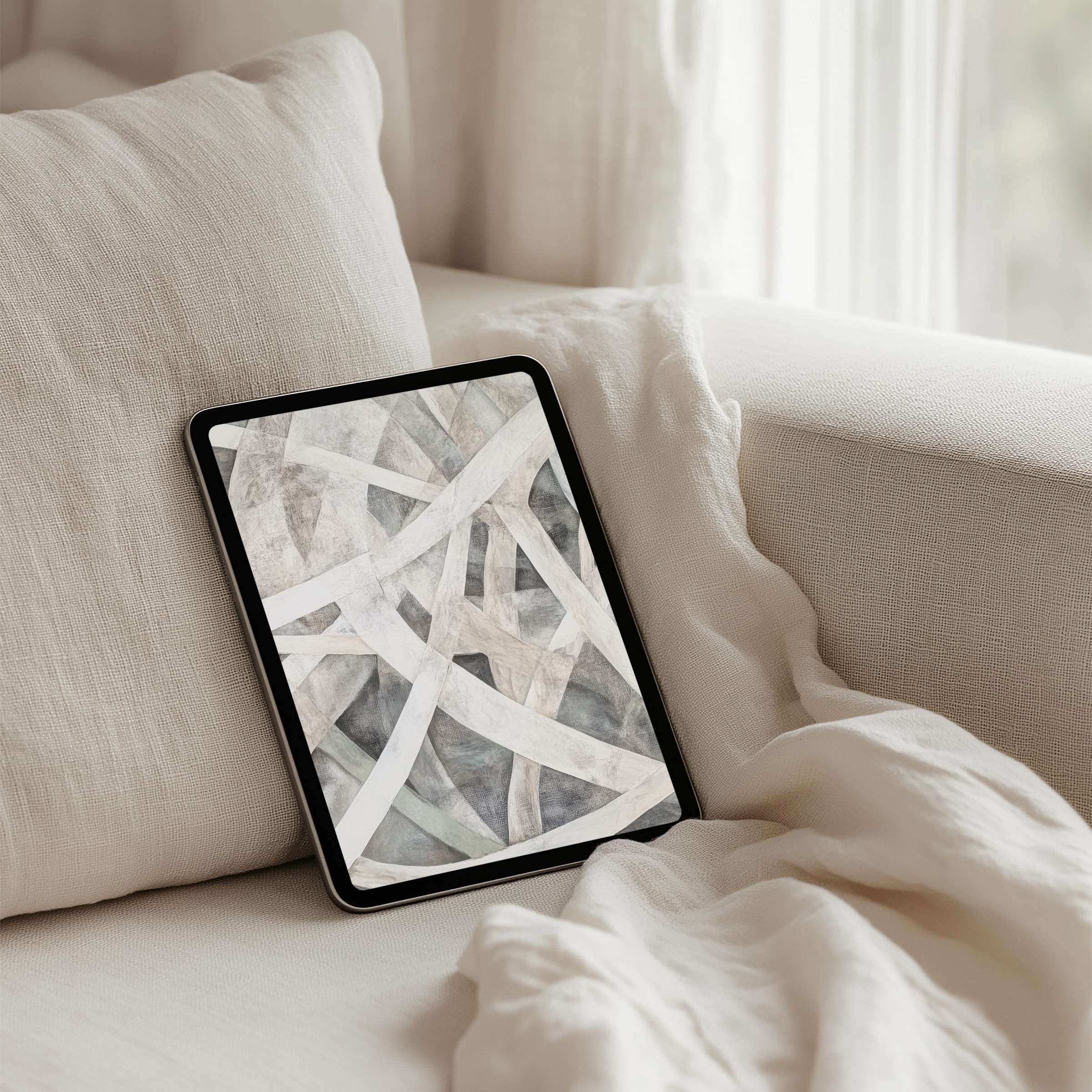 Elegant abstract iPad background in soft greys and whites offers calm inspiration for your tablet instant download today