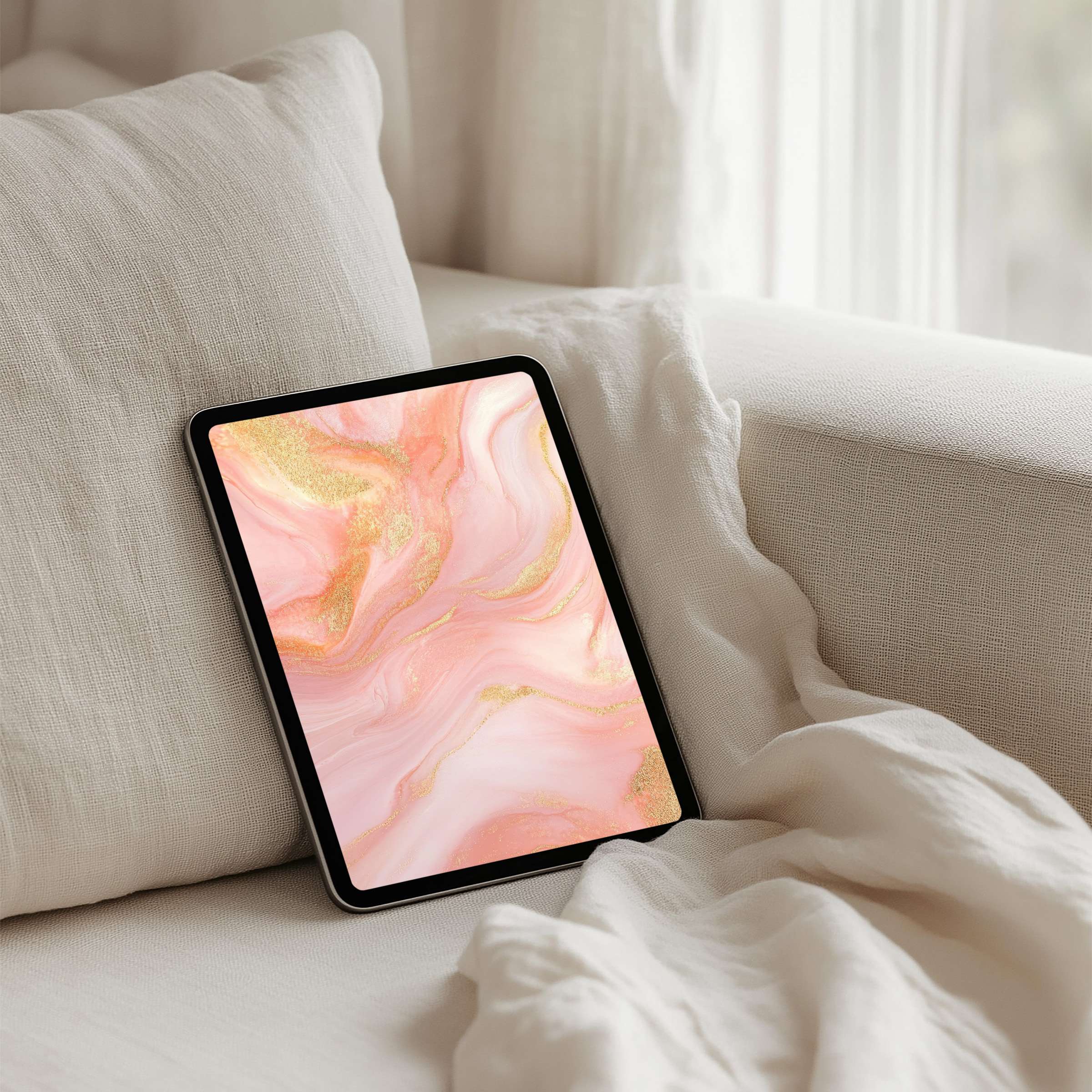 Elegant iPad background with pink and gold marble design, ideal for instant download on any tablet for calming aesthetics