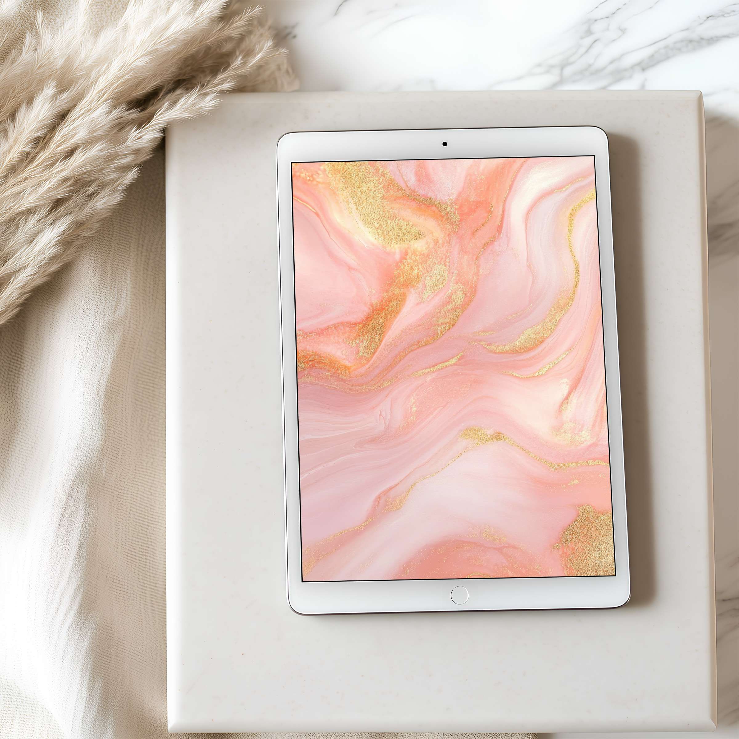 Elegant pink and gold marbled tablet wallpaper enhances any interior with high resolution calmness perfect for iPad digital download