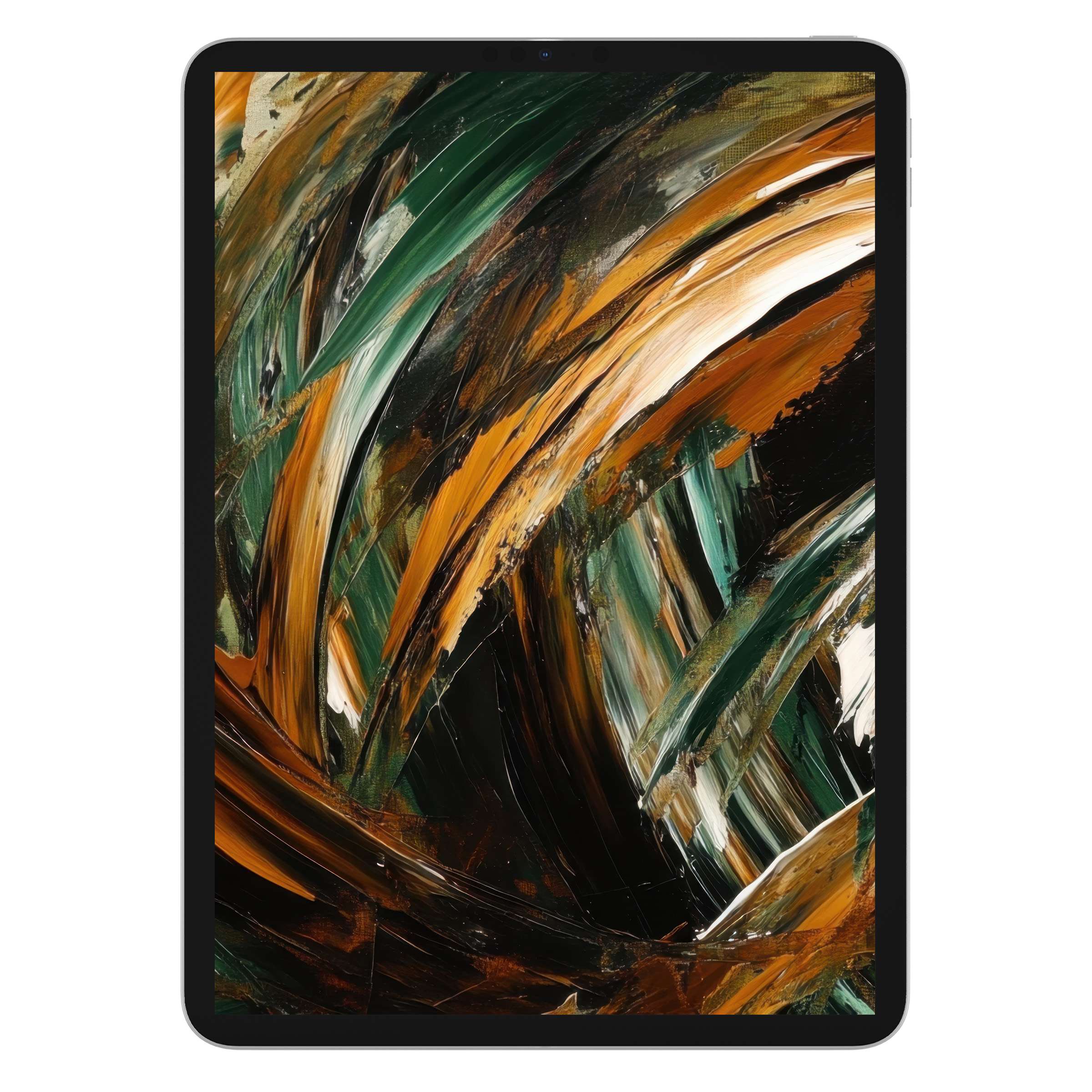 Abstract iPad wallpaper with swirling green and earthy tones, offering a tranquil digital download for tablet backgrounds, eco-friendly design