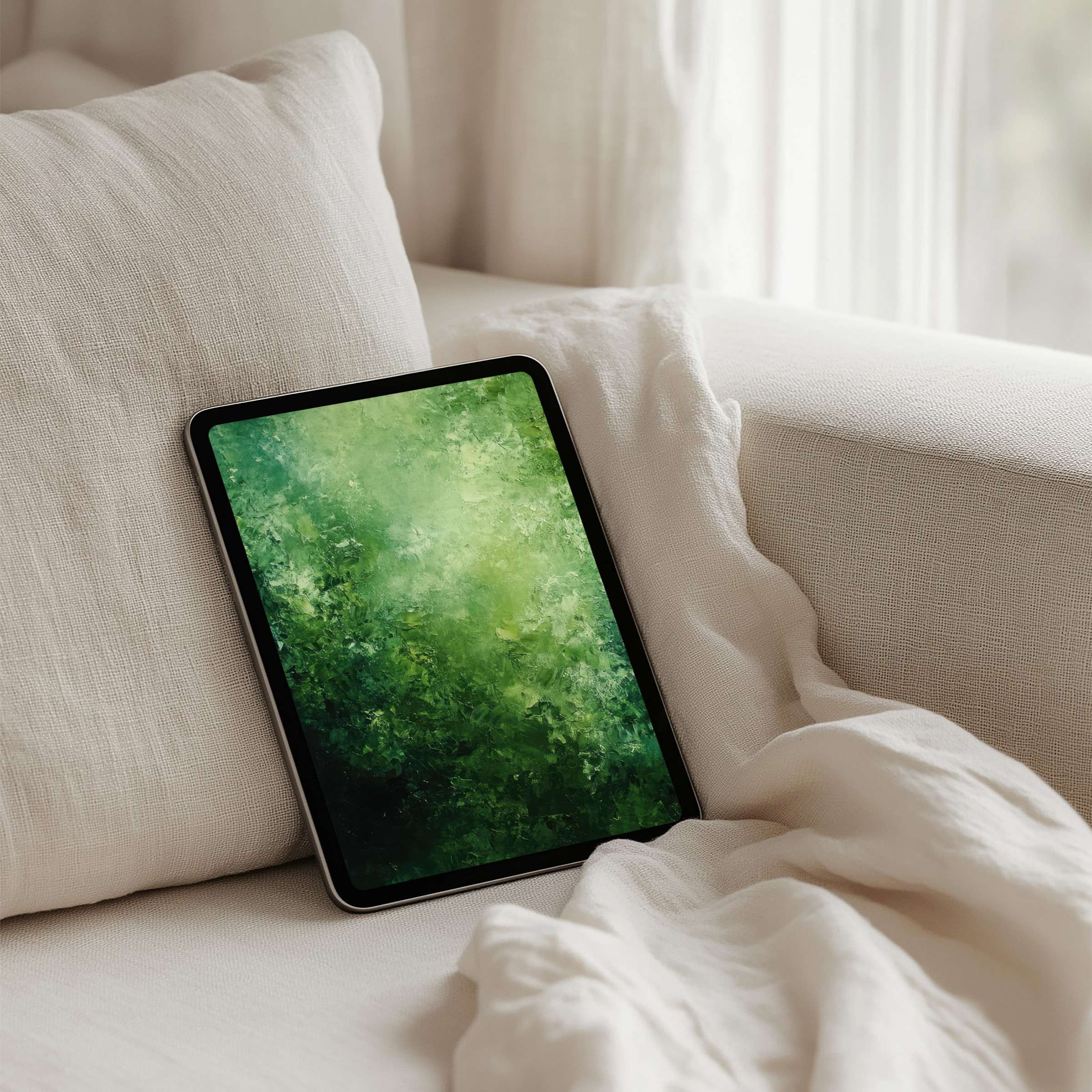 Serene green abstract iPad background for instant download inspires calm elegance on your tablet, enhancing mindful aesthetics
