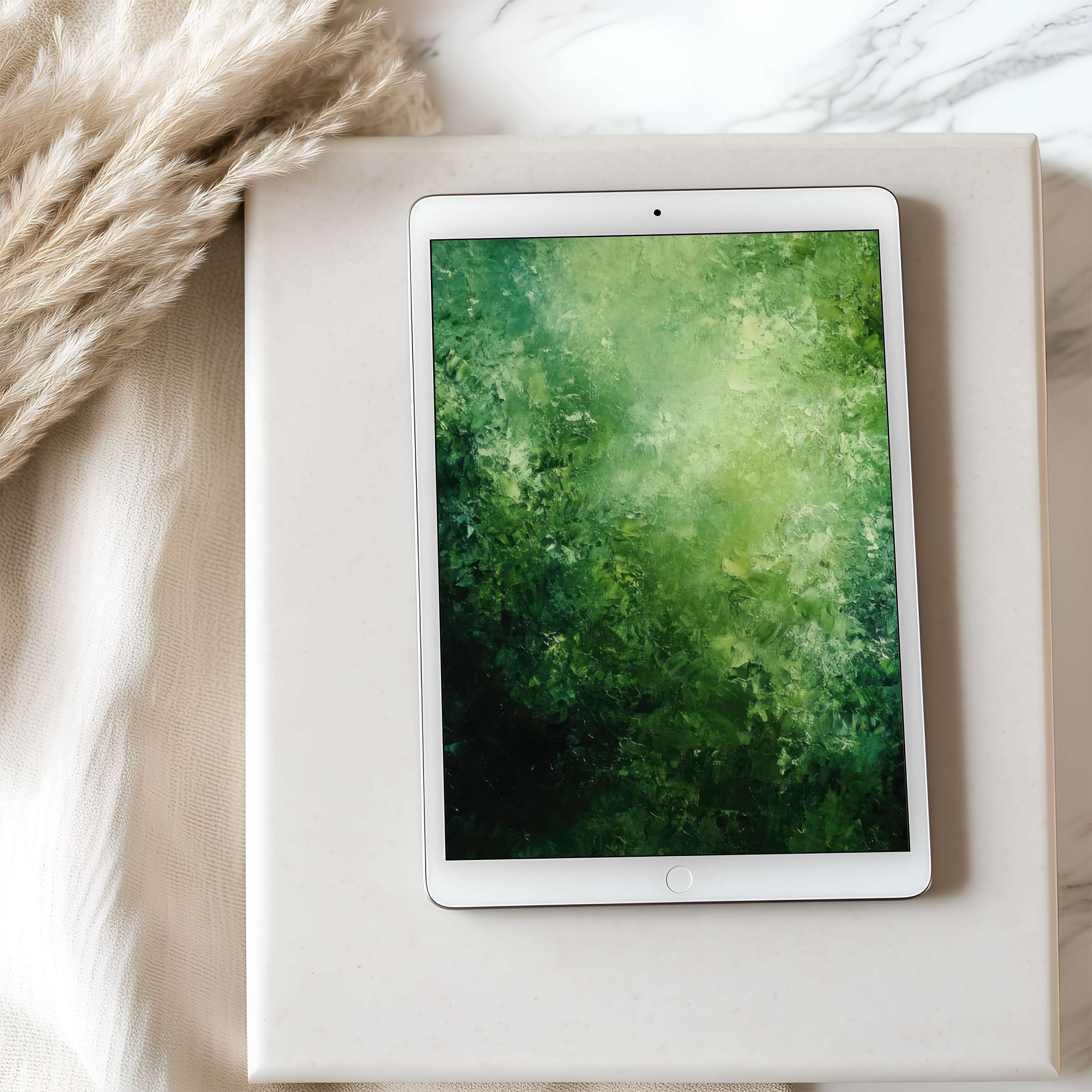 Elegant green abstract tablet wallpaper, perfect for iPad, blends nature-inspired calm with high resolution for serene digital download