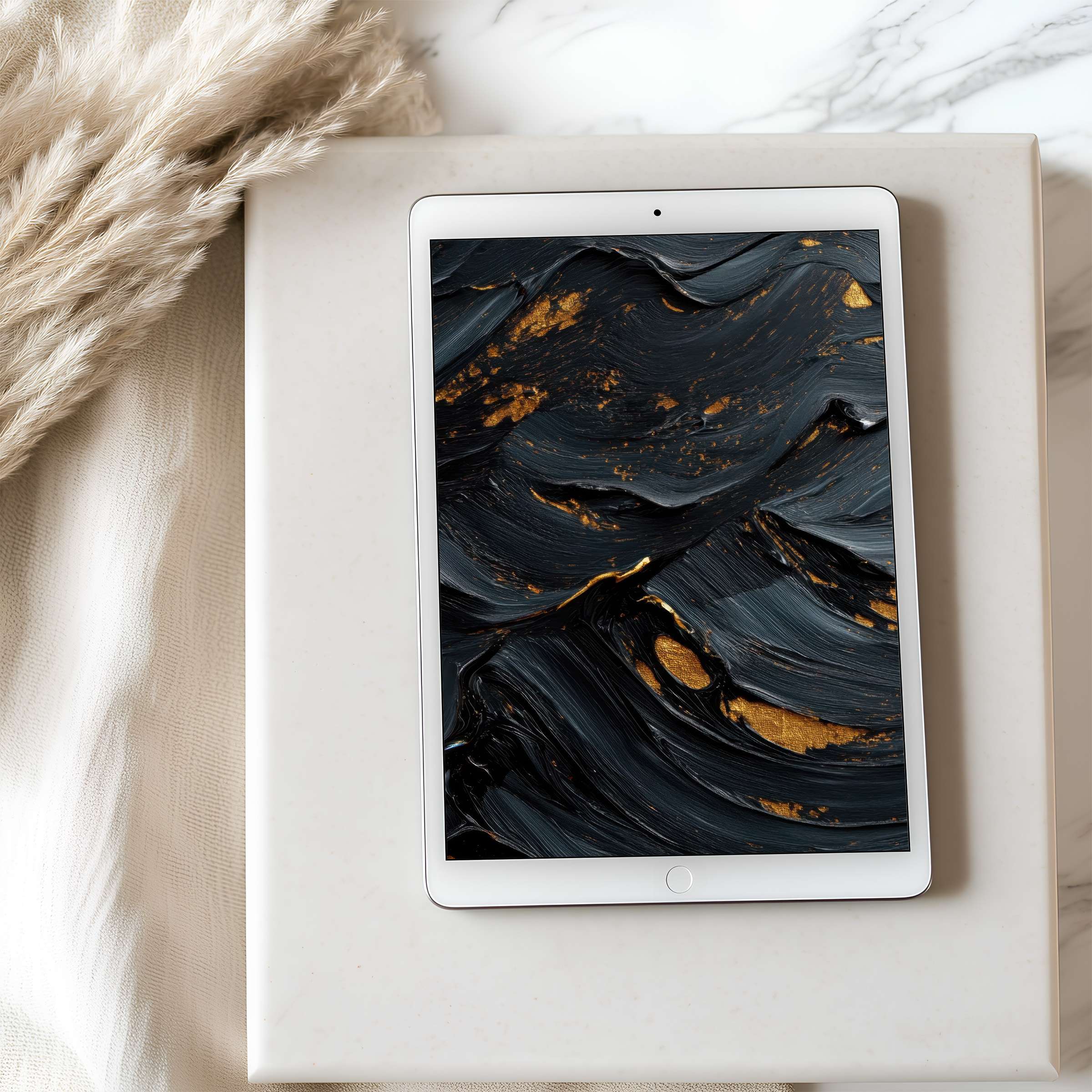 Elegant tablet wallpaper featuring high-resolution black and gold abstract art, perfect for iPad or Android, offering calm sophistication