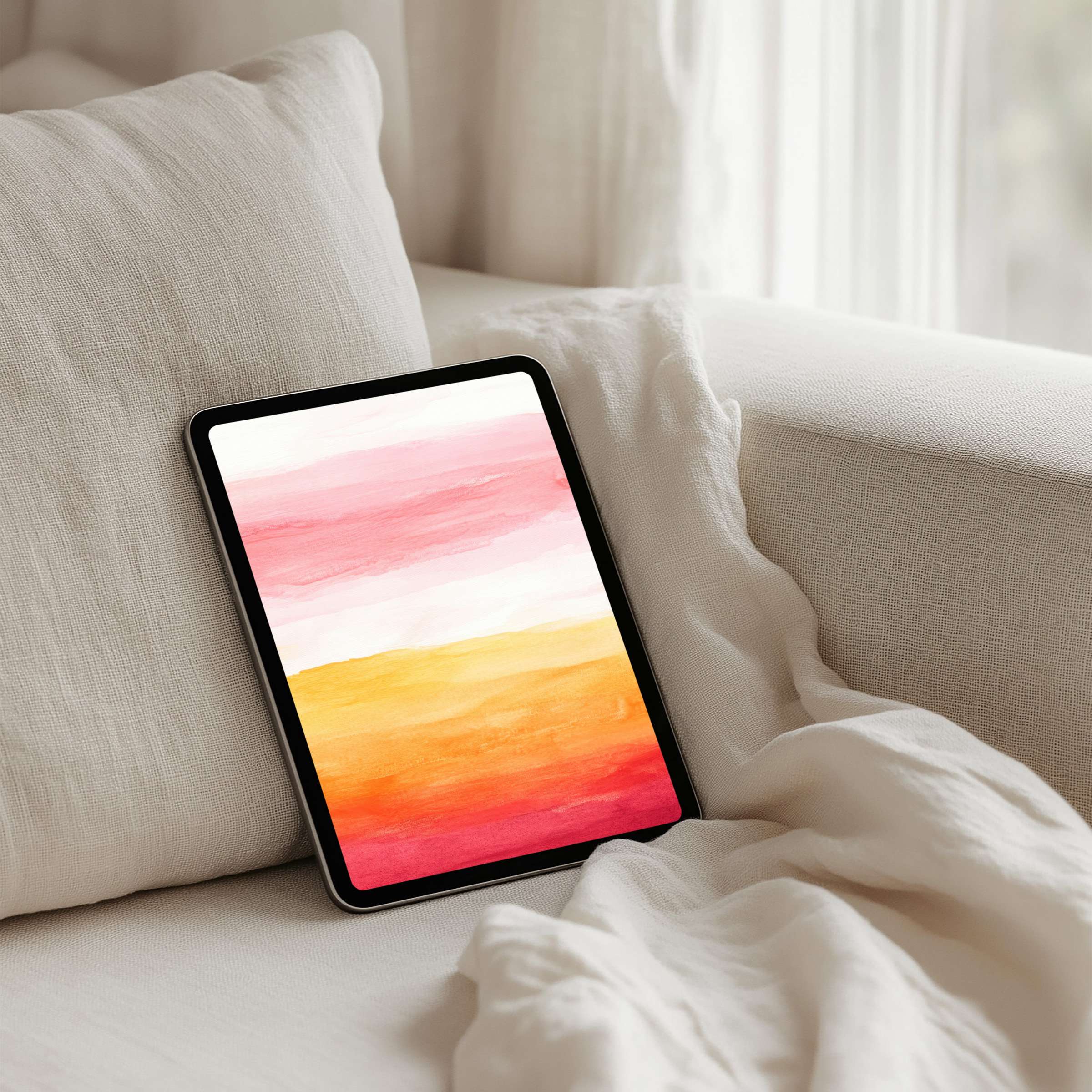 Cozy watercolor iPad background with warm pink and orange hues offers an inspiring, elegant ambiance for your tablet instant download