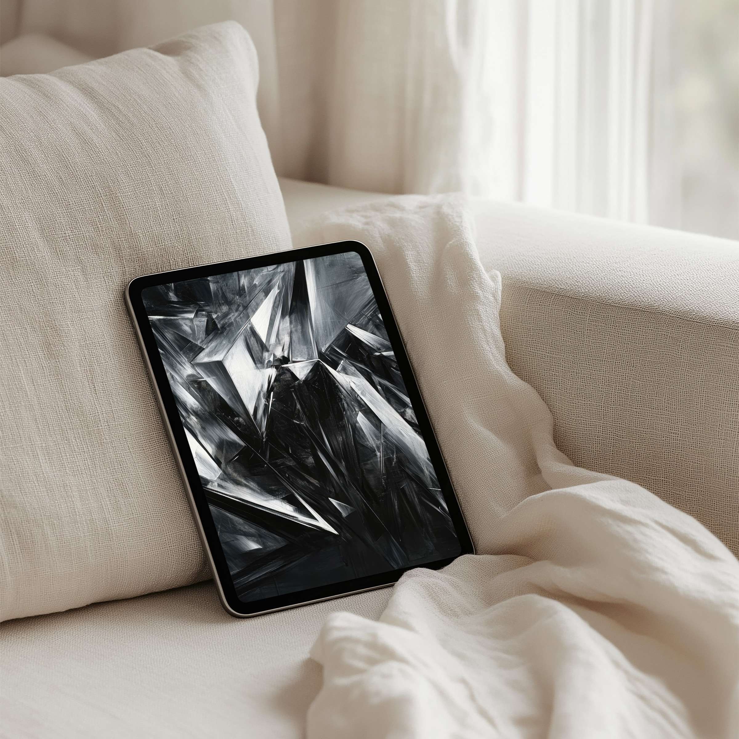 Elegant iPad background showcasing monochrome geometric art on a cozy sofa setting for instant download to your tablet