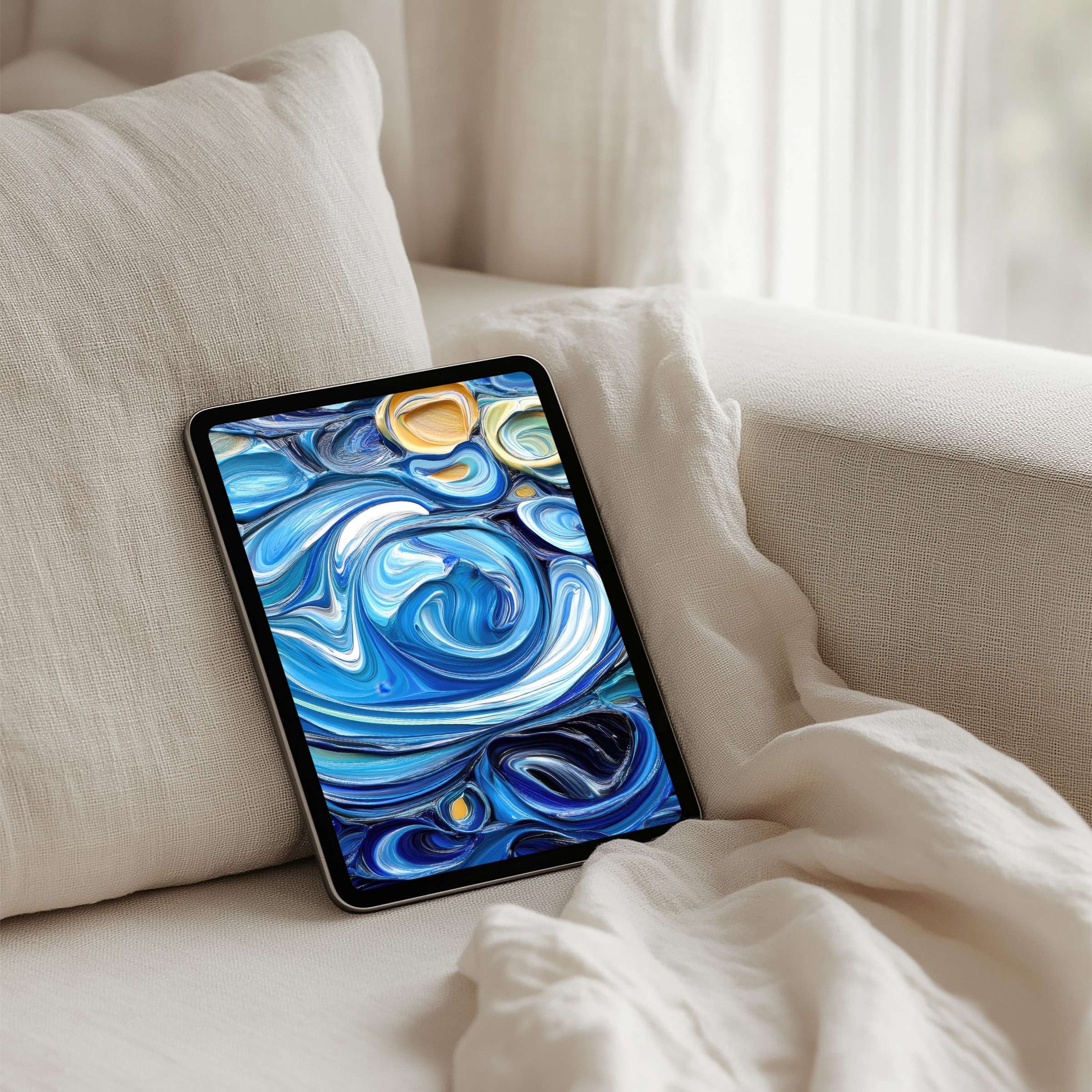 Elegant swirling blues and yellows create a serene iPad background perfect for tablet decor Instant download for mindfulness