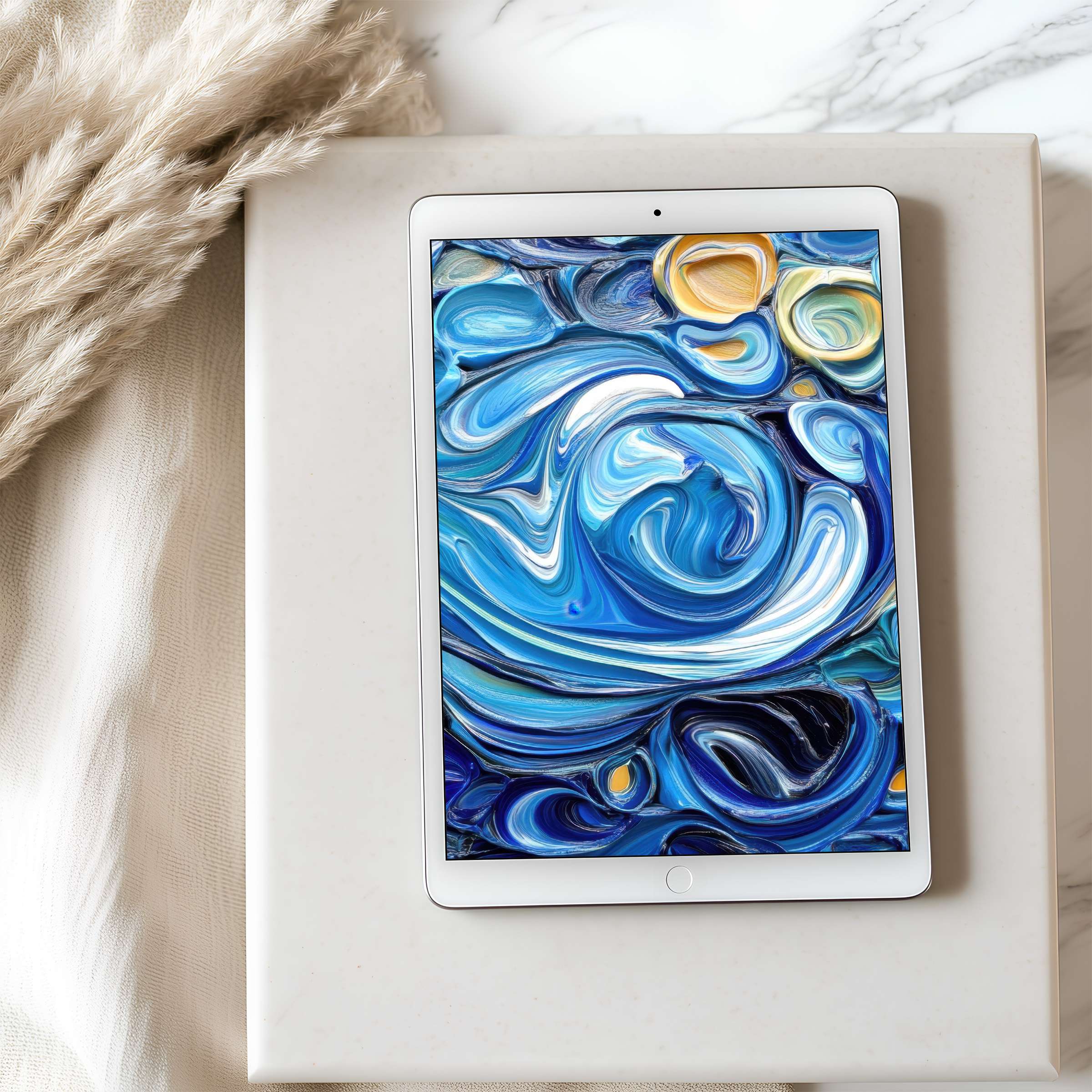 Serene blue swirl tablet wallpaper on iPad in a minimalist setting evokes tranquility, ideal for high-resolution digital download