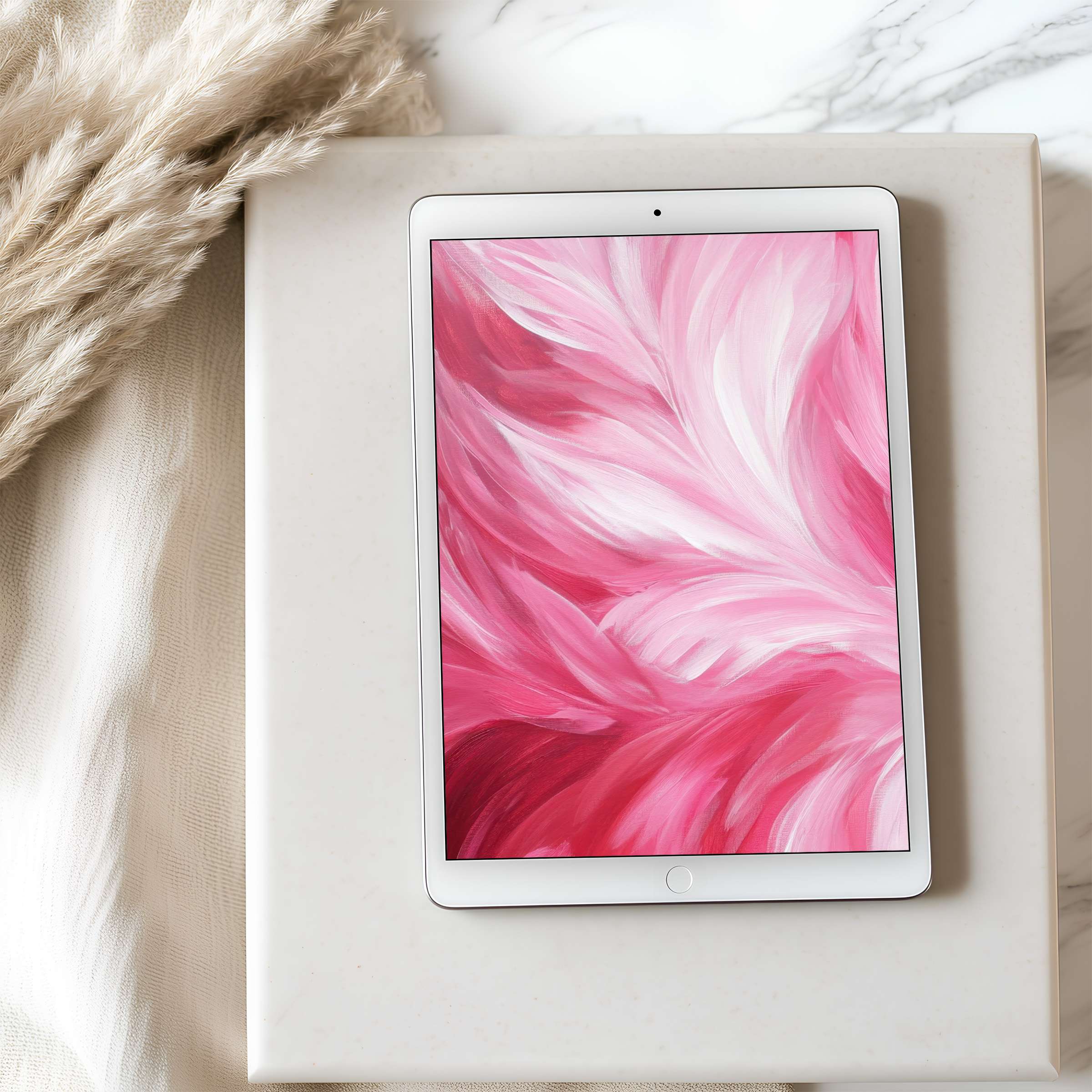 Elegant pink feather motif for tablet wallpaper on an iPad, perfect for serene digital download, enhancing calm interiors
