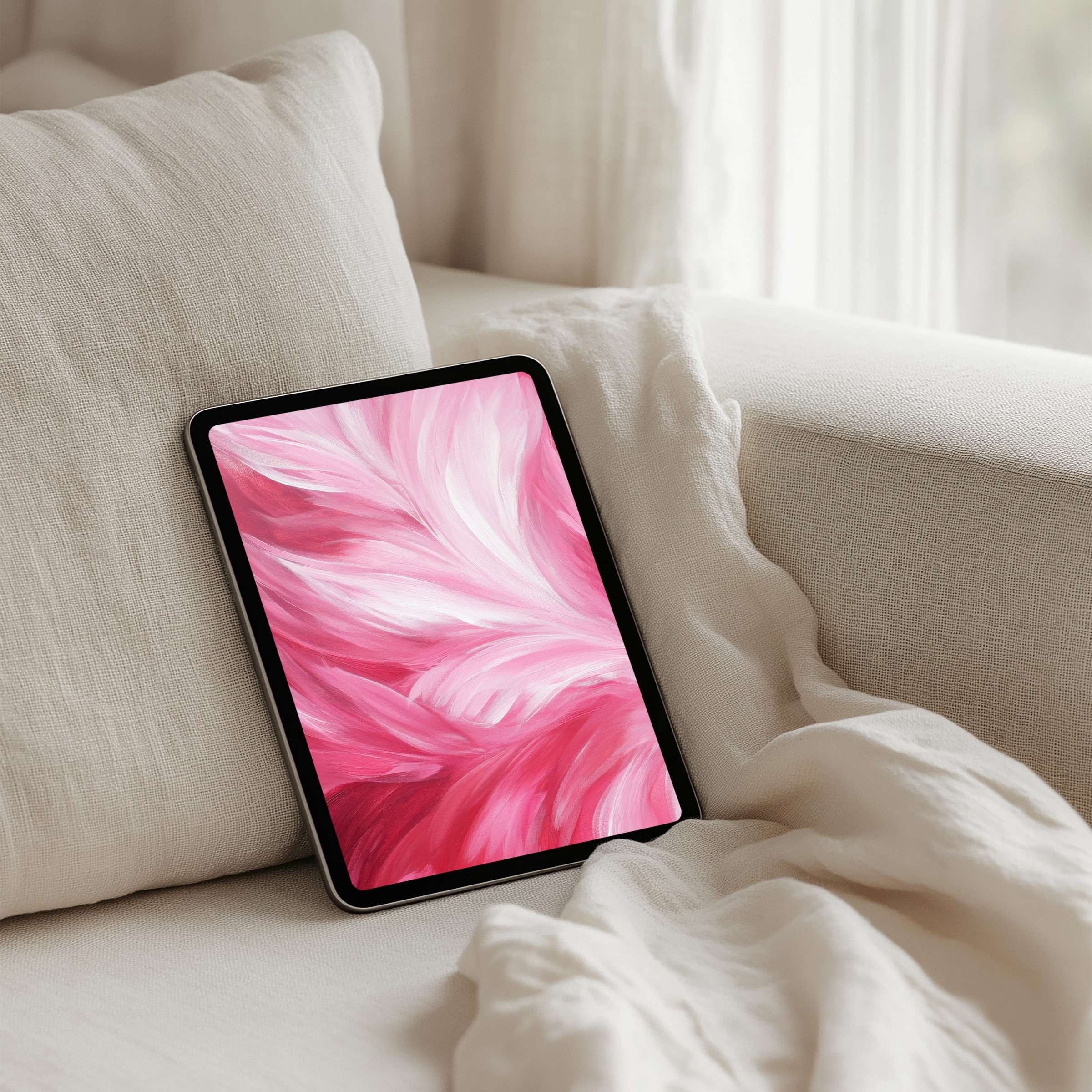 Elegant pink iPad background with soft feather texture inspires calm, perfect for tablet instant download creating serene spaces