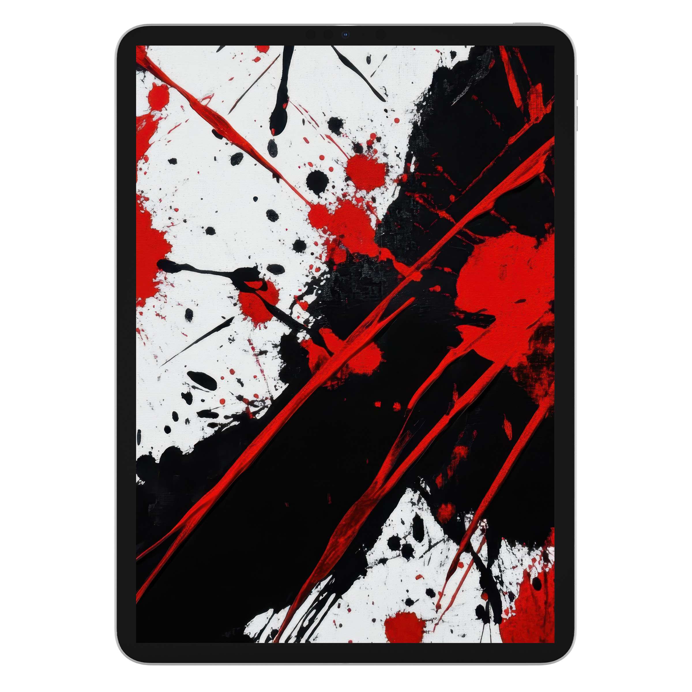 Dynamic abstract iPad wallpaper featuring bold red and black splashes on white; perfect digital download for tablet background artistry