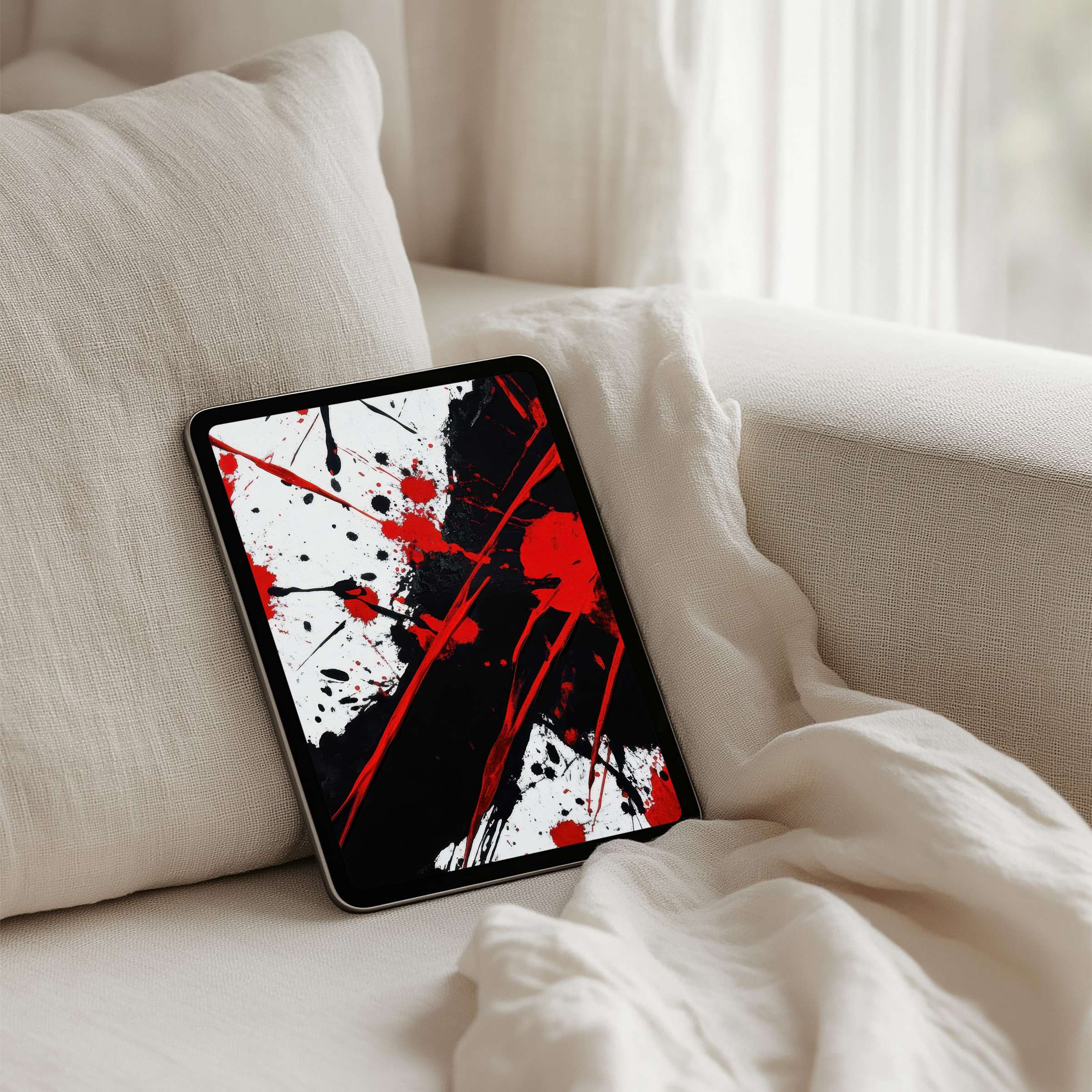 Dynamic red and black abstract art iPad background offers instant download for tablet users seeking elegance and inspiration in design
