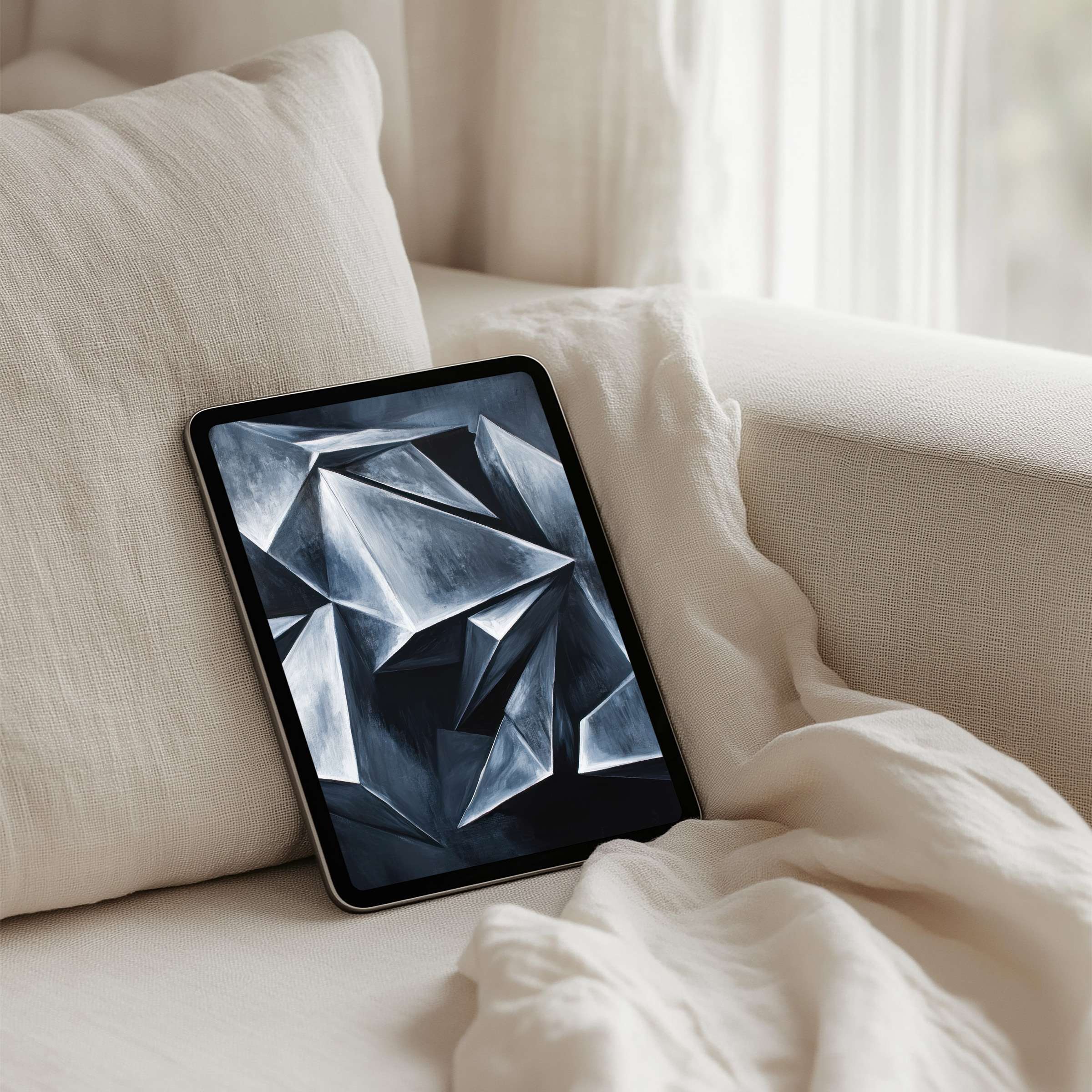 Elegant geometric abstract art on iPad background offers instant download for a calm, inspired tablet experience in any space