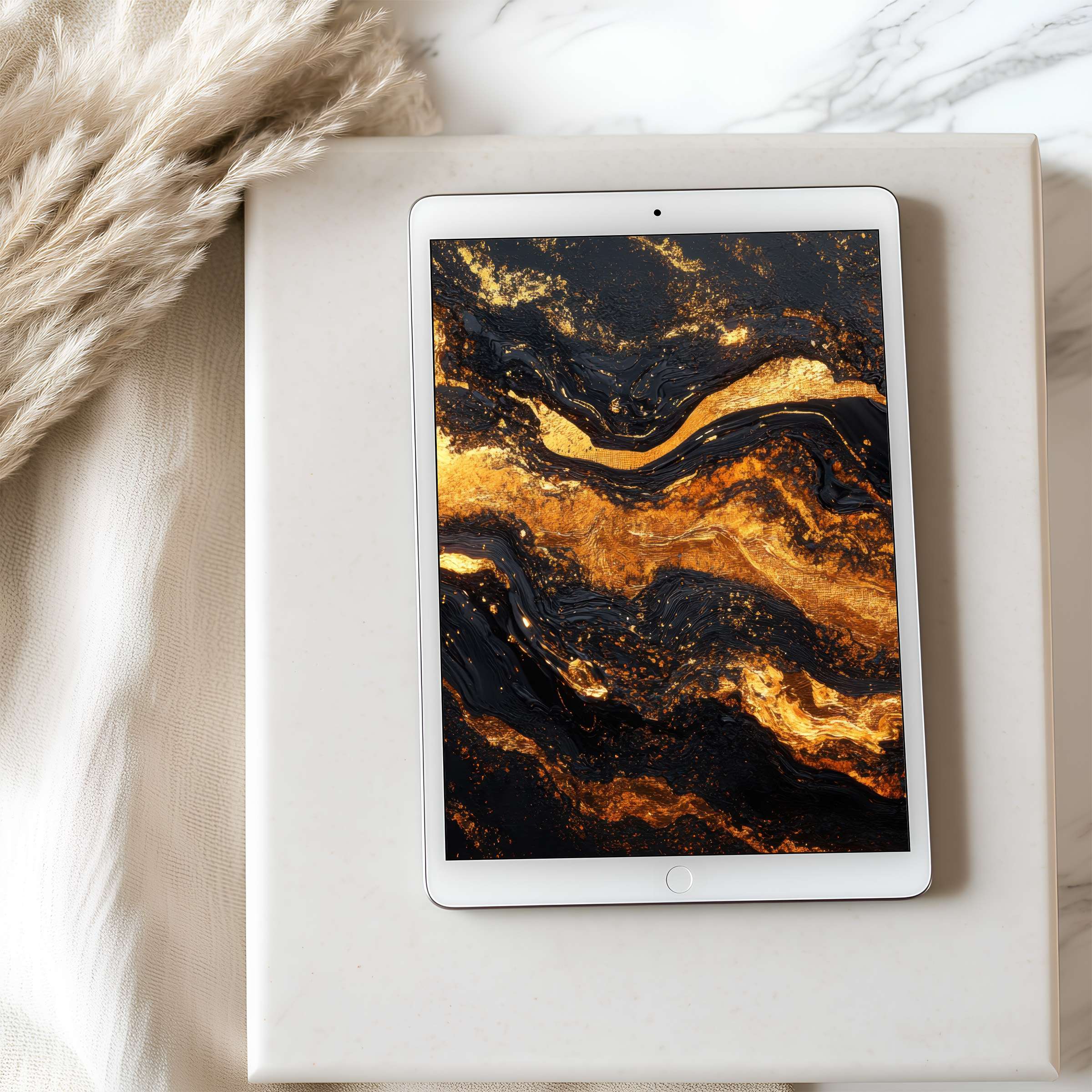 Elegant tablet wallpaper featuring swirling gold and black abstract art on iPad, perfect for high resolution digital download and calm interiors