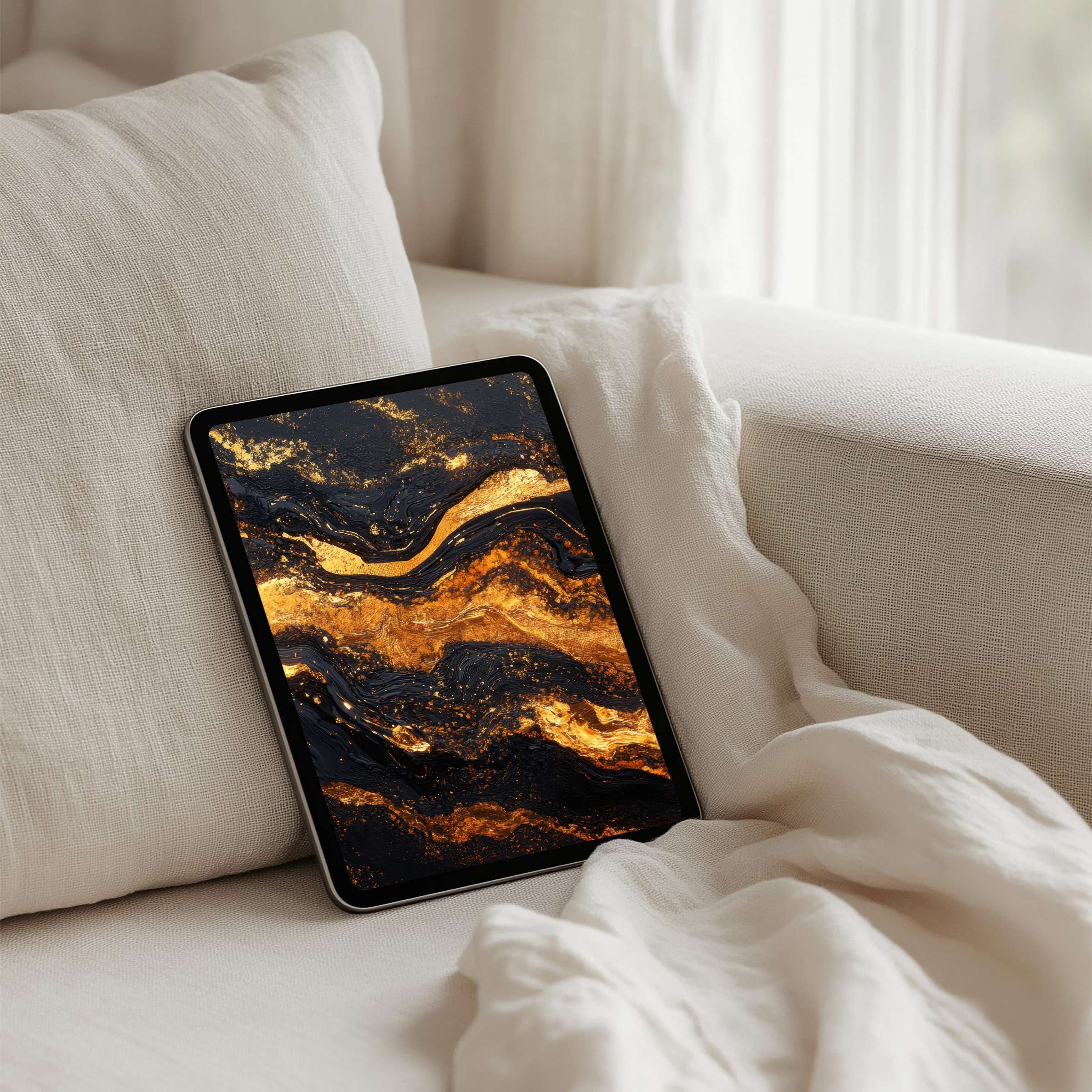 Luxurious black and gold abstract iPad background offers instant download for tablet users seeking elegance and calm inspiration
